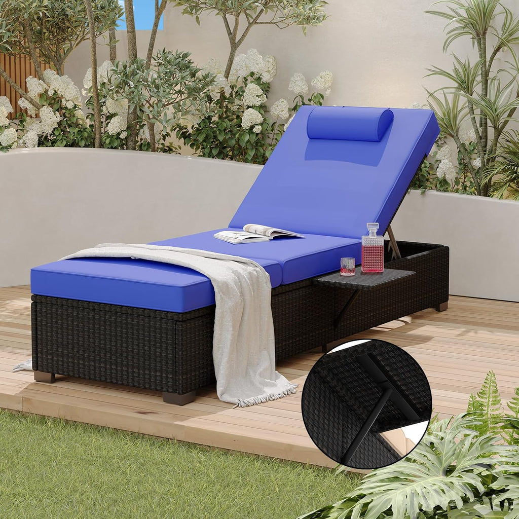 2 Pack PE Wicker Adjustable Lounge Chairs with Cushions, Blue