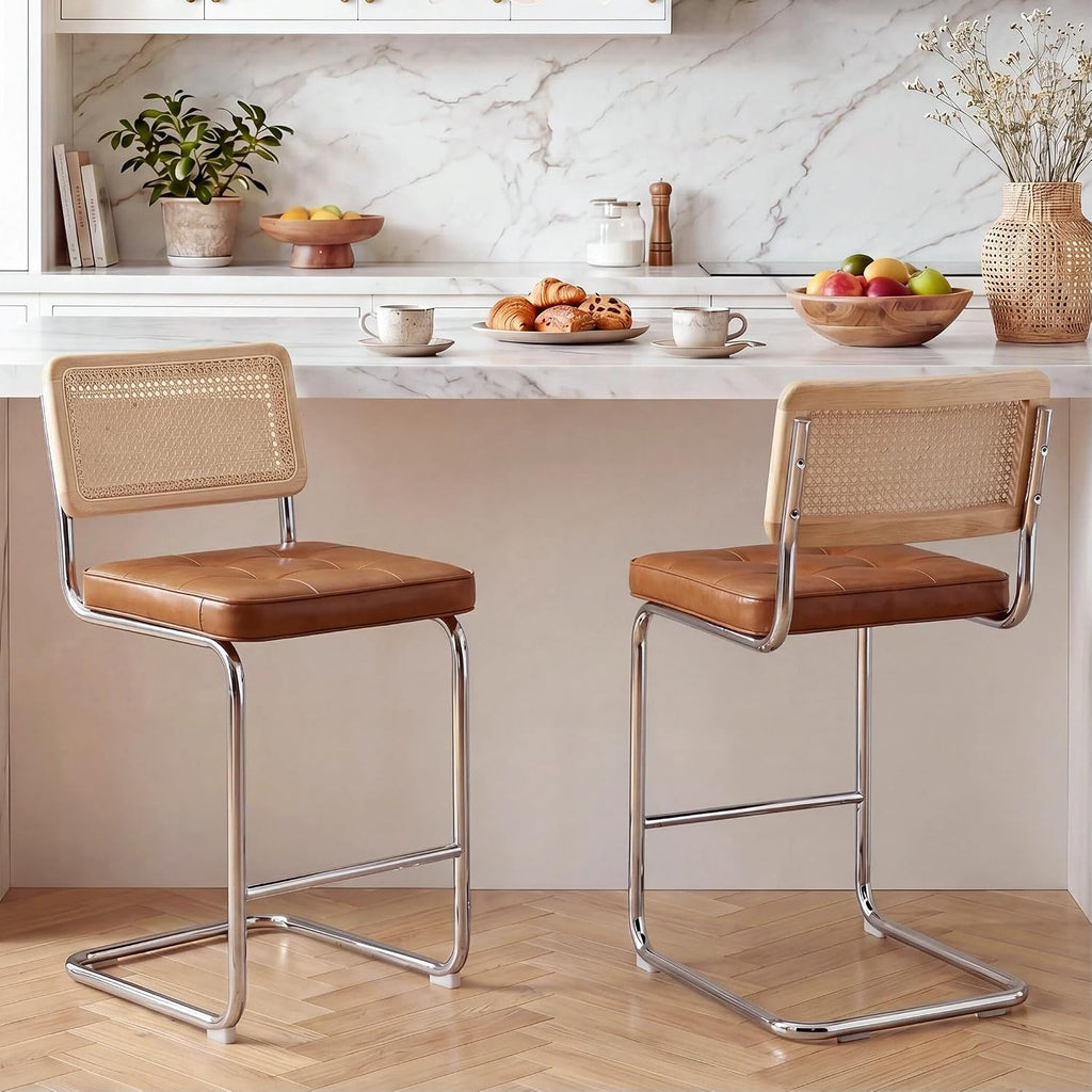 26in Brown Faux Leather Rattan Wood Counter Bar Stools Set of 2