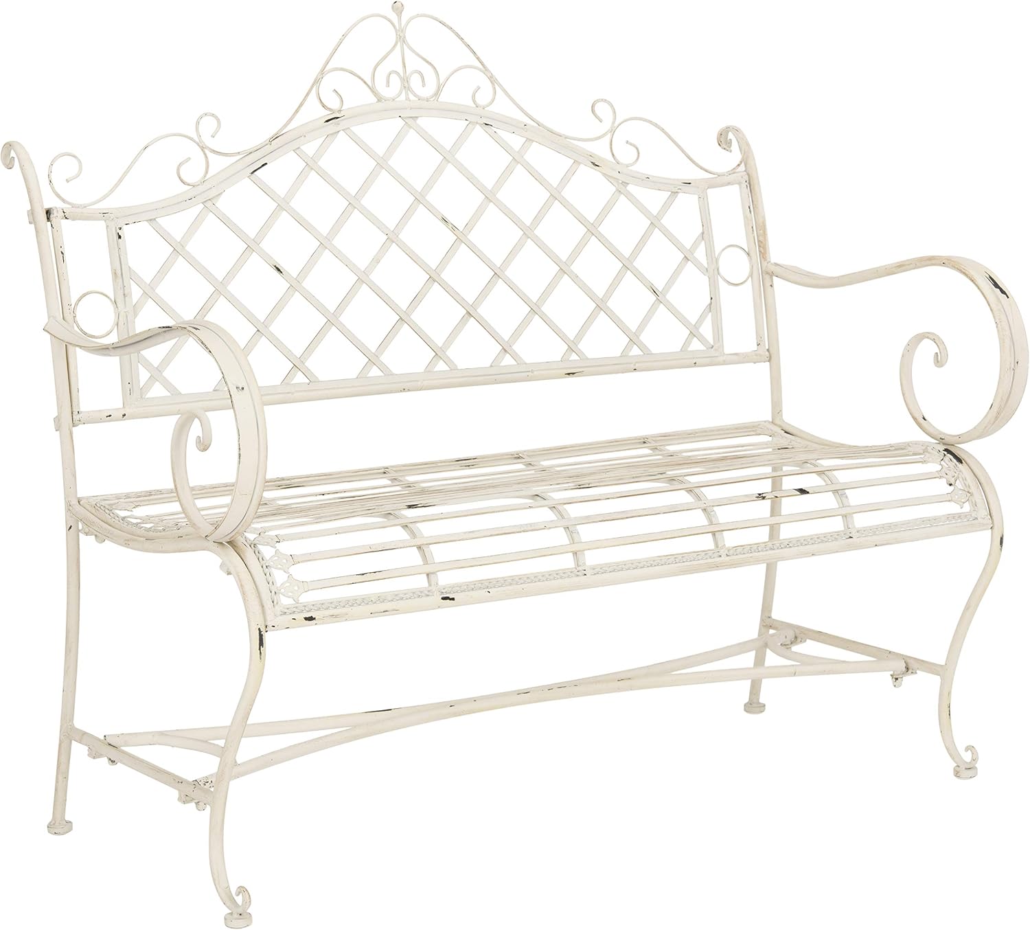 Antique White Iron Scrollwork Outdoor Garden Bench
