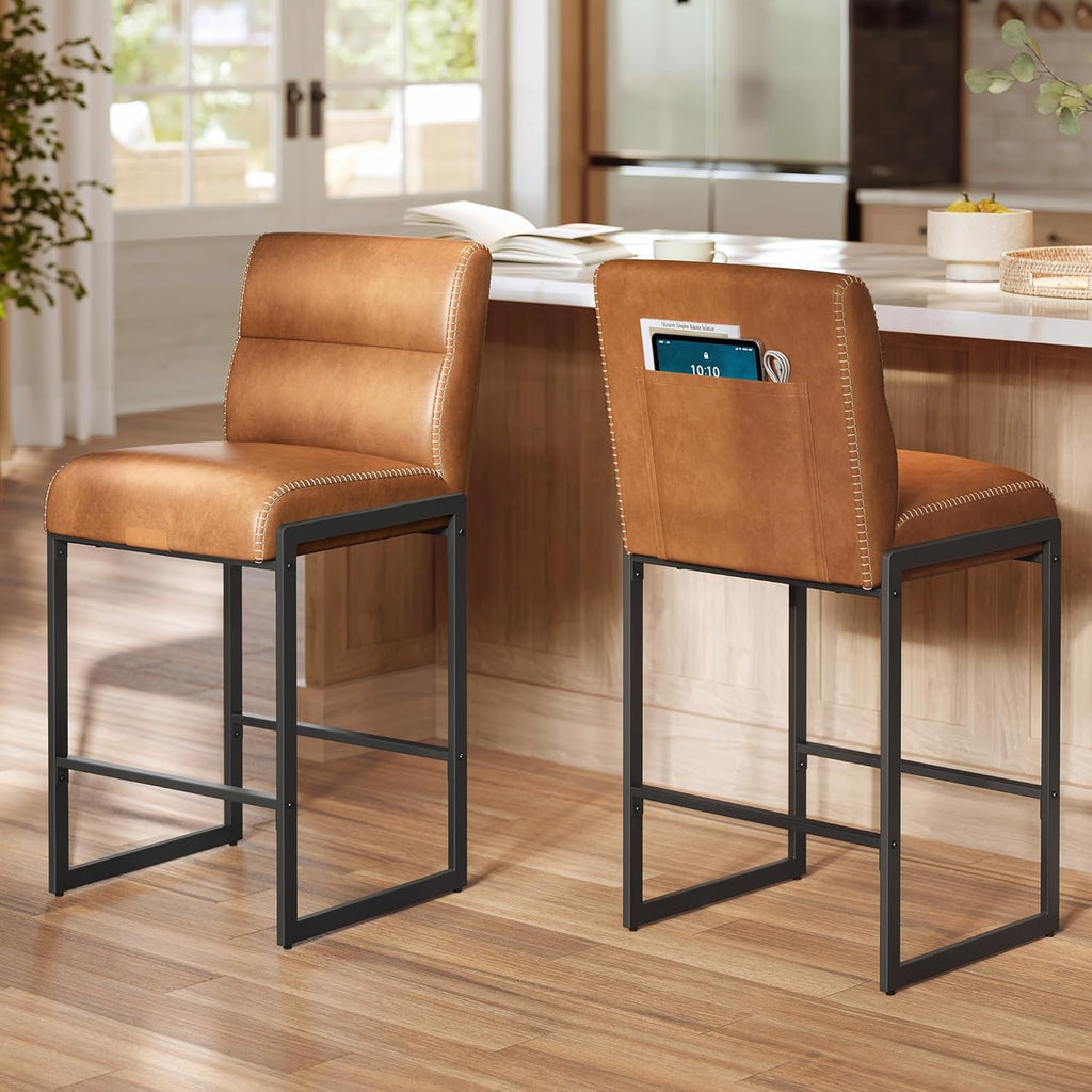 Caramel Brown 26.4in Mid-Century PU Counter Bar Stools Set of 2