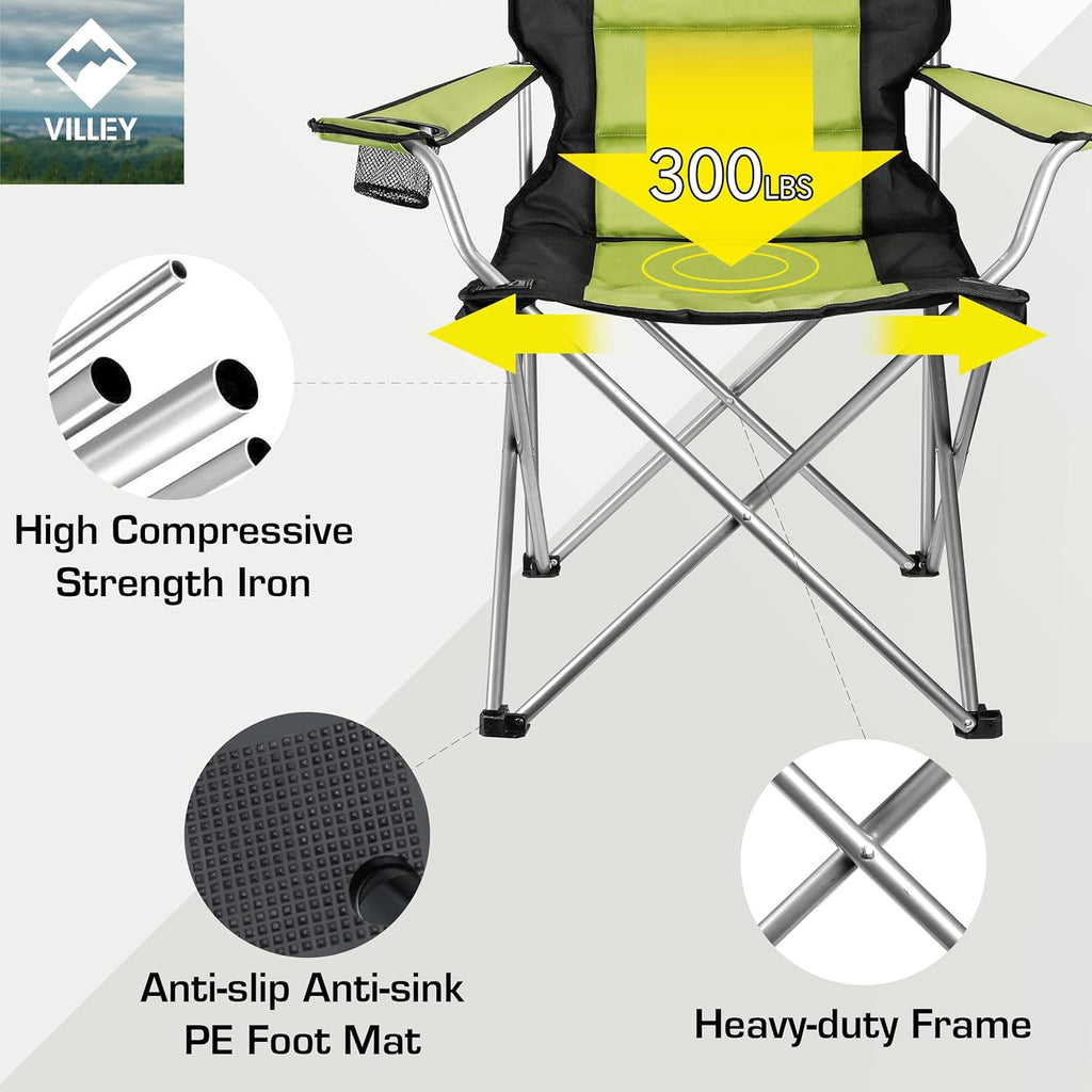 Green Padded High Back Folding Camping Chair with Cup Holder & Carry Bag