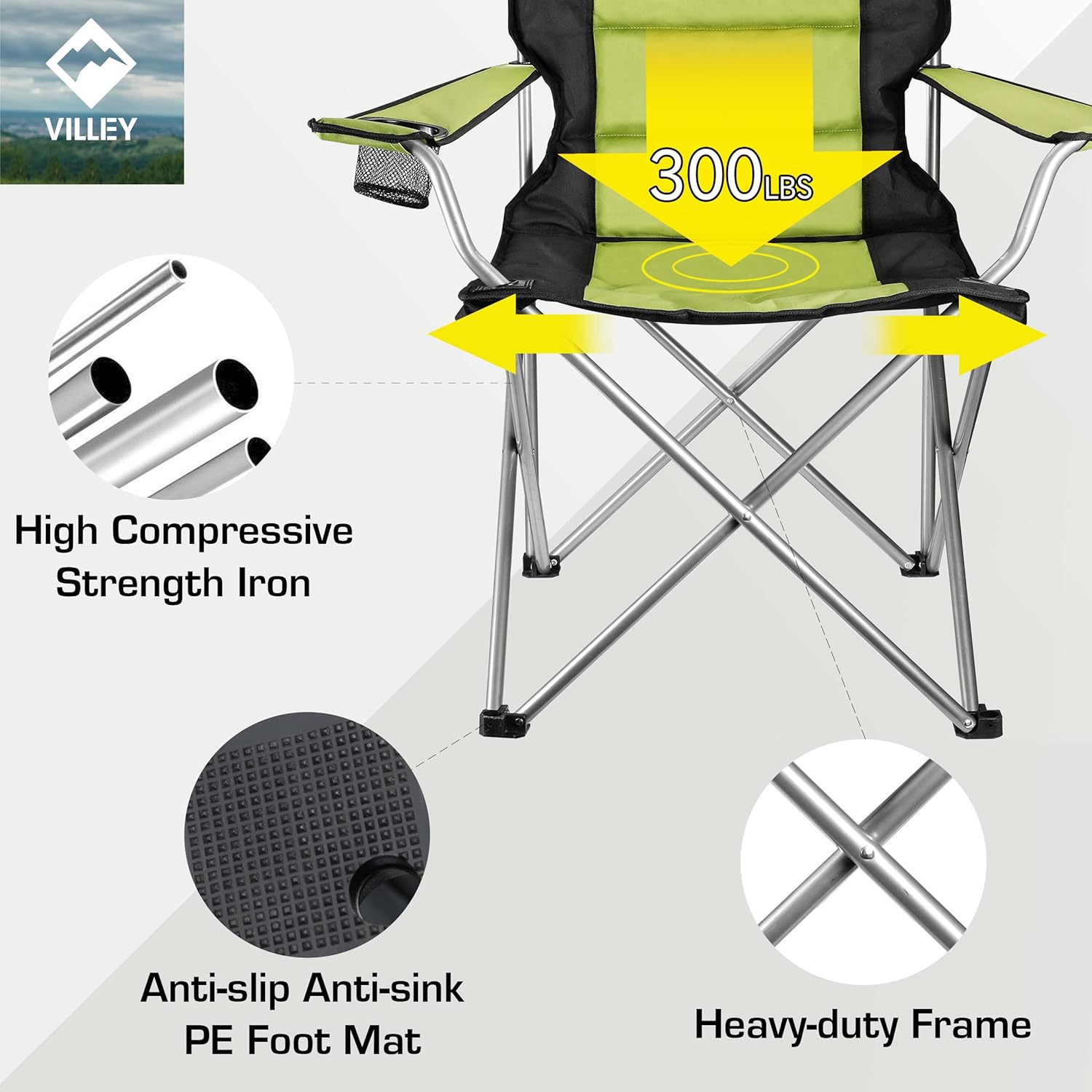 Green Padded High Back Folding Camping Chair with Cup Holder & Carry Bag