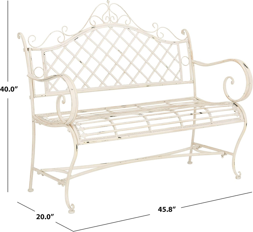 Antique White Iron Scrollwork Outdoor Garden Bench