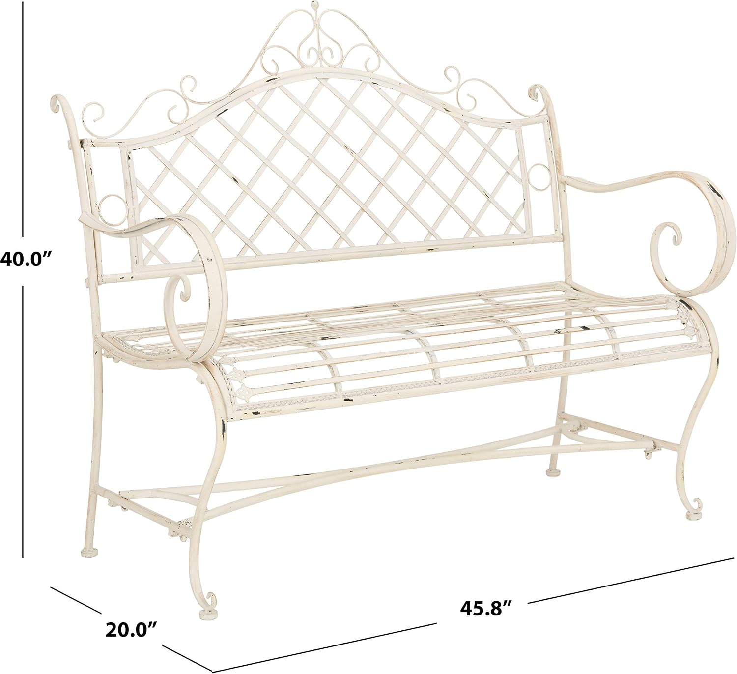 Antique White Iron Scrollwork Outdoor Garden Bench