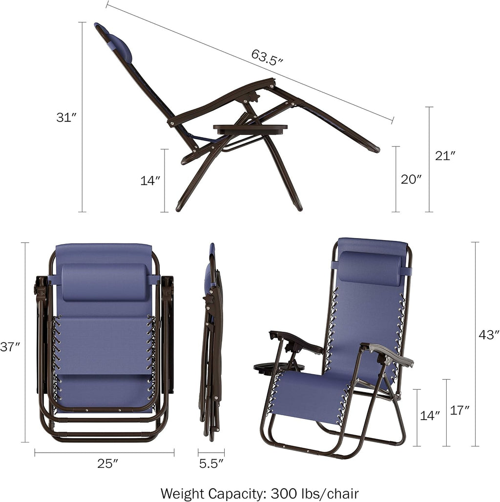 Lavish Home 2 Pack Navy Zero Gravity Patio Chairs with Side Table & Pillow