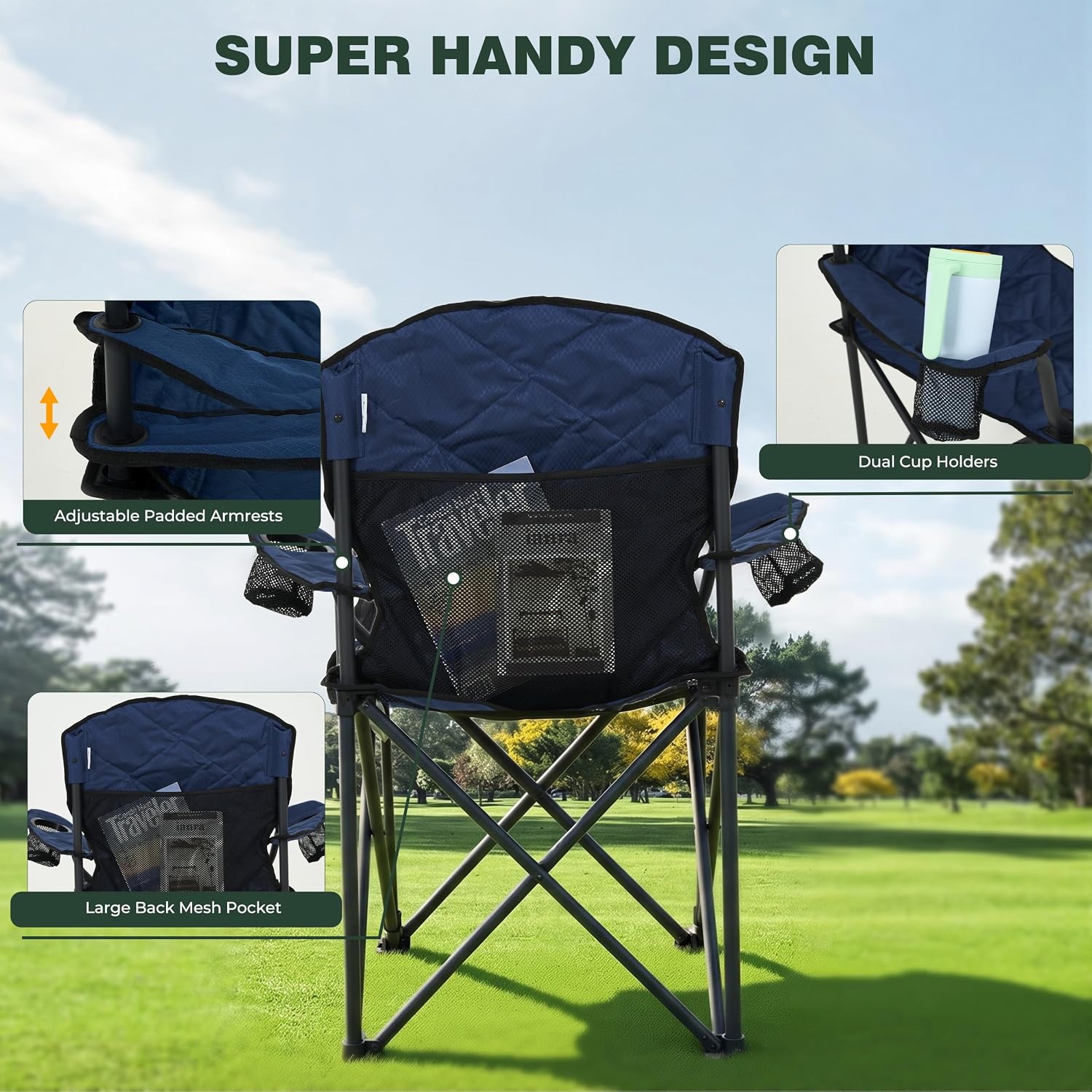 Padded Folding Camping Chair 800LBS with Cup Holder & Side Pocket
