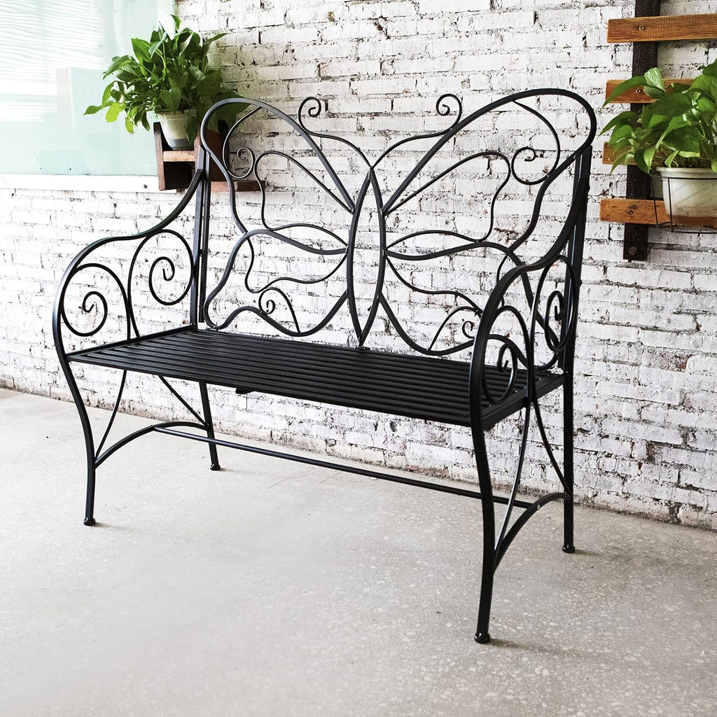 2-Seat Butterfly Cast Iron Rust Resistant Outdoor Bench with Armrests