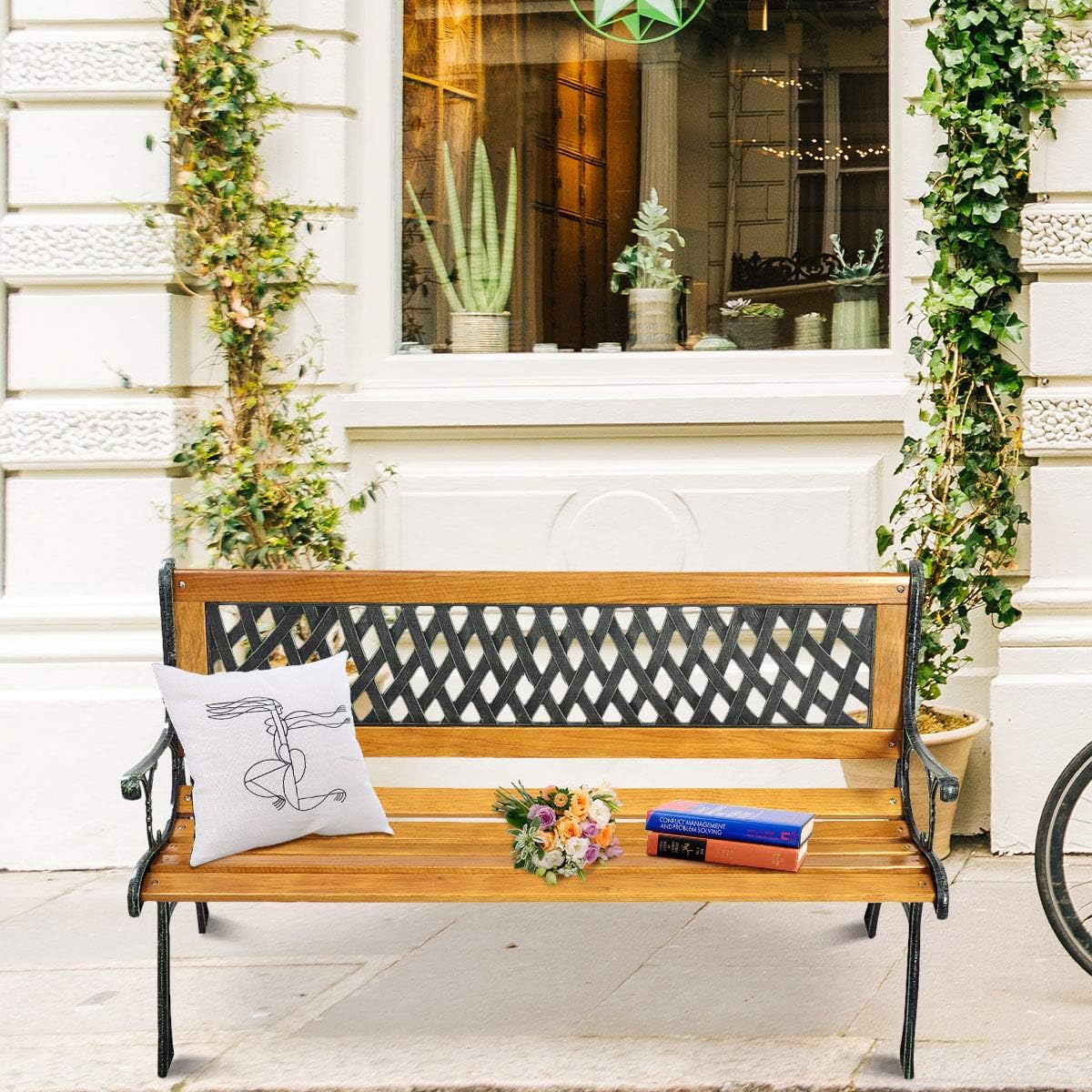 50" 2-Person Cast Iron Hardwood Outdoor Patio Bench
