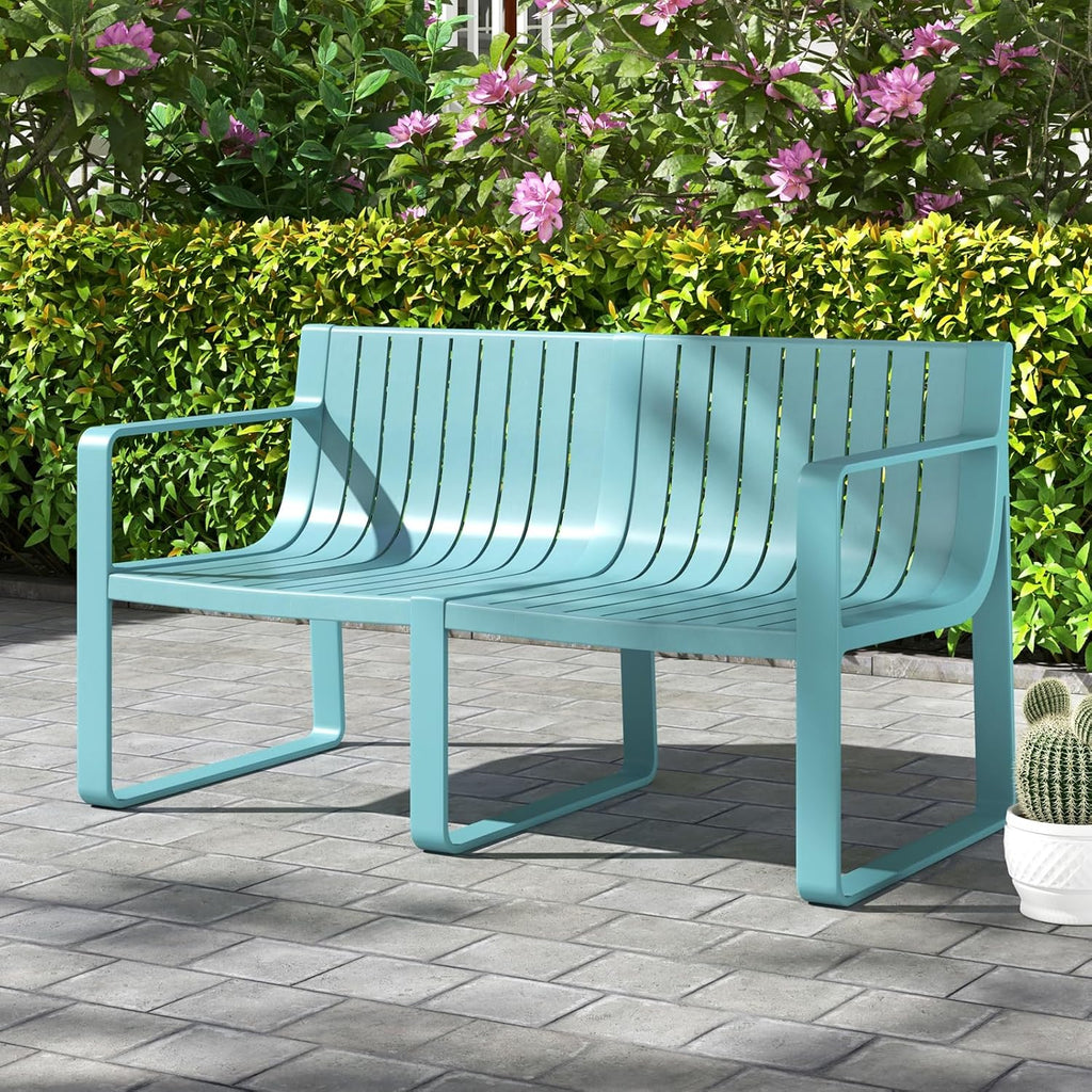 Tangkula Patio Loveseat, Weather-Resistant Plastic 2-Person Bench with Curved Backrest, Outdoor Conversation Furniture with Slatted Design for Patio, Poolside, Backyard, Garden, Deck, Lawn (Blue)