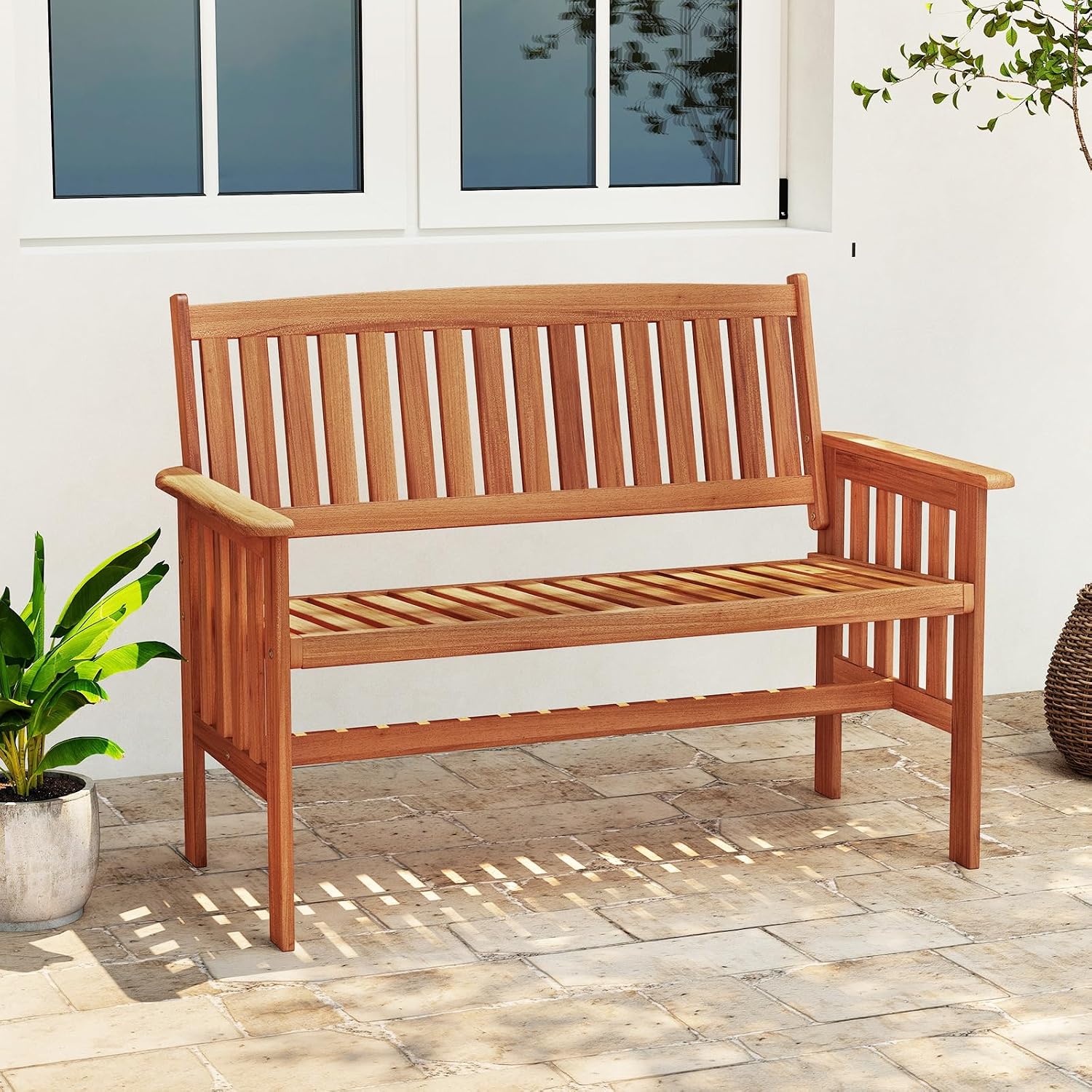 2-Person Wooden Patio Garden Bench with Backrest & Armrests