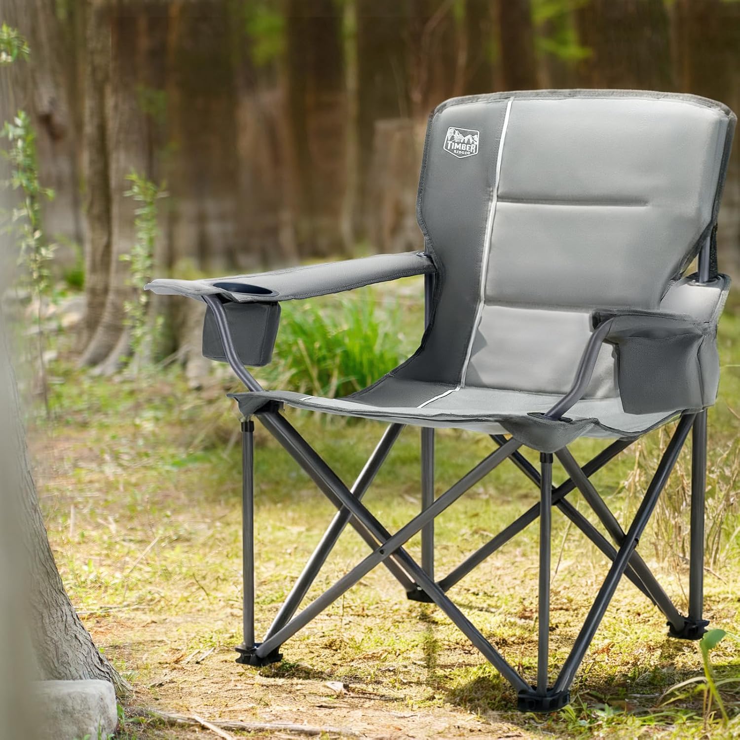 Grey Oversized Heavy Duty Folding Camping Chair 550LBS with Cup Holder