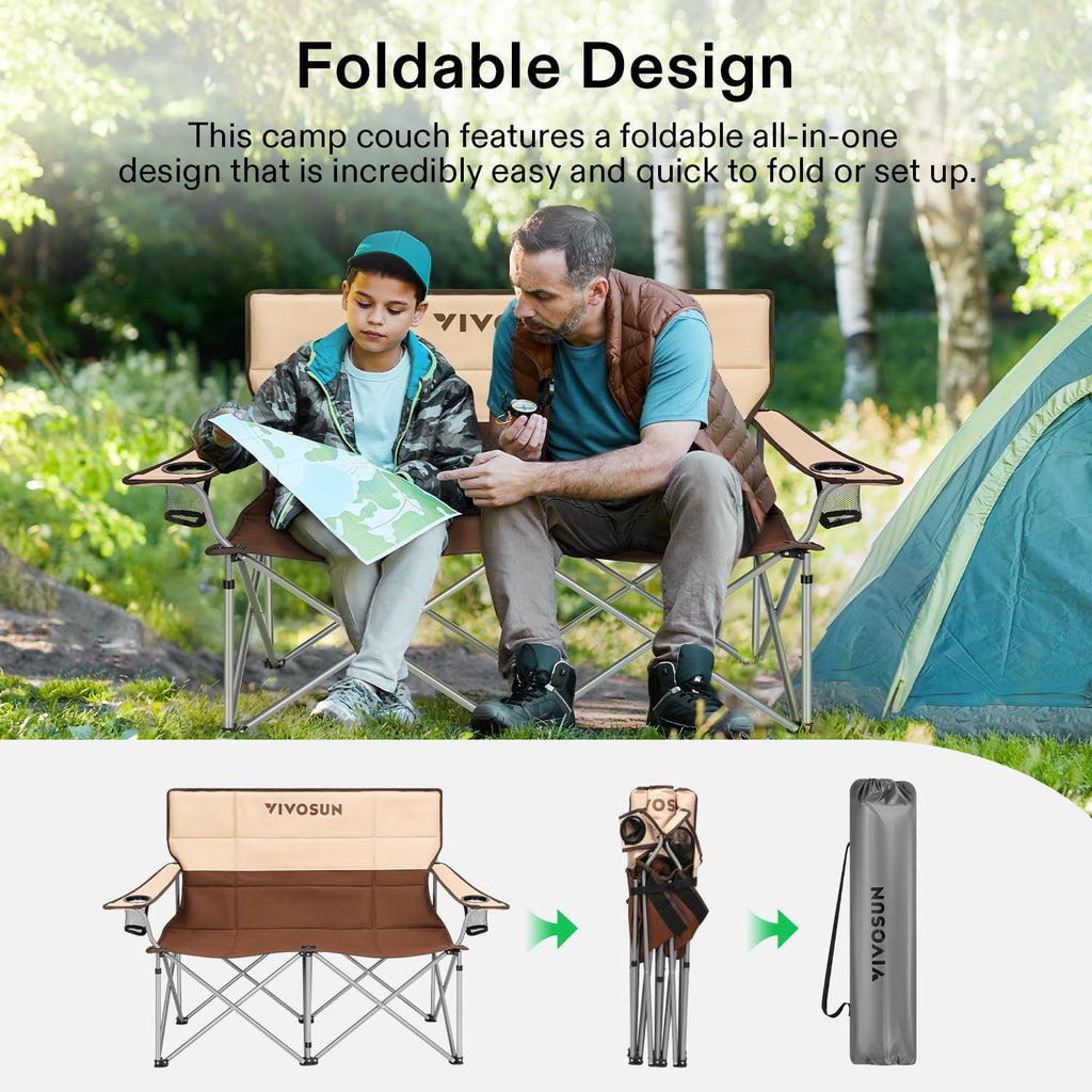 Padded Double Folding Camping Loveseat with Cup Holders & Carry Bag