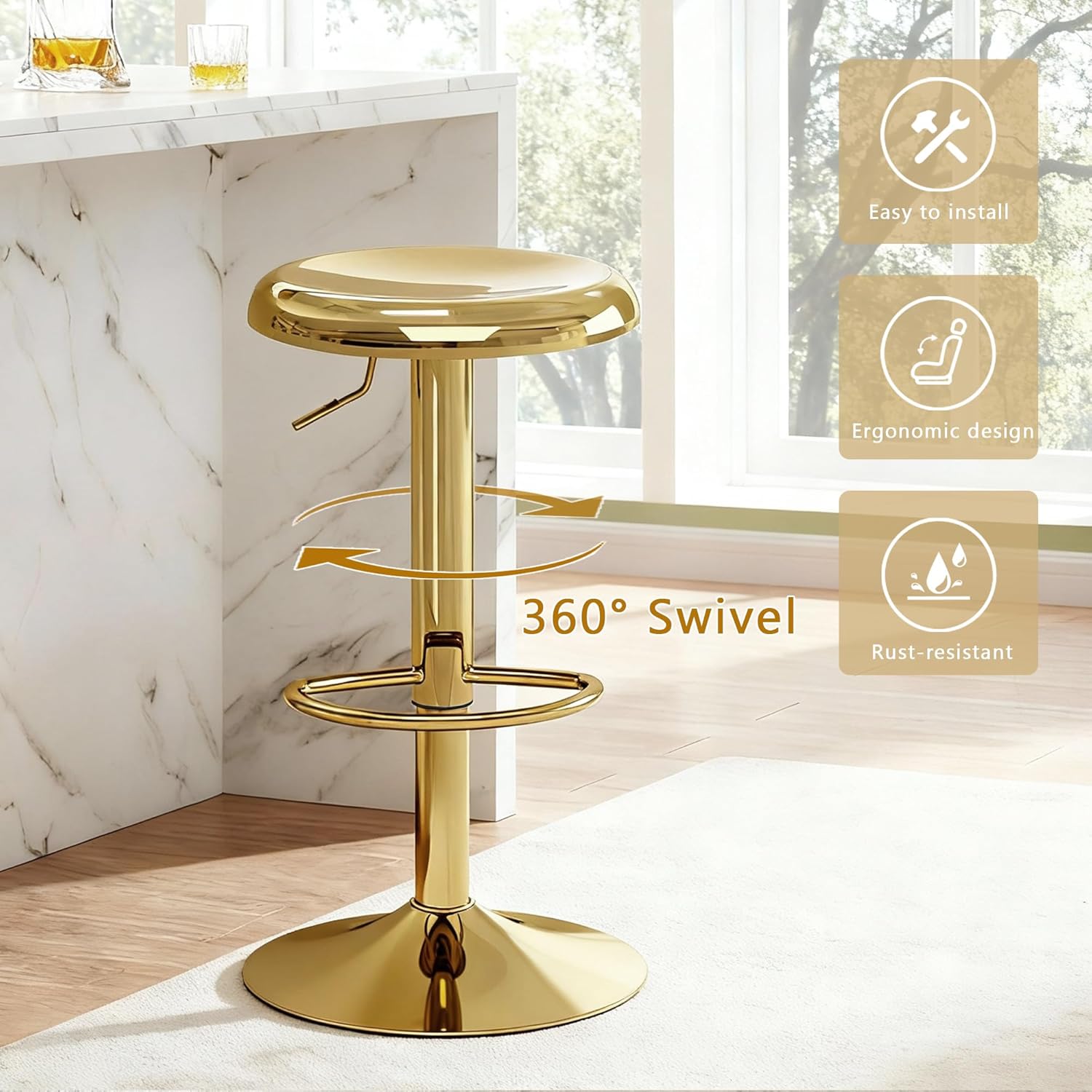 Gold Backless Adjustable Swivel Metal Bar Stools Set of 2