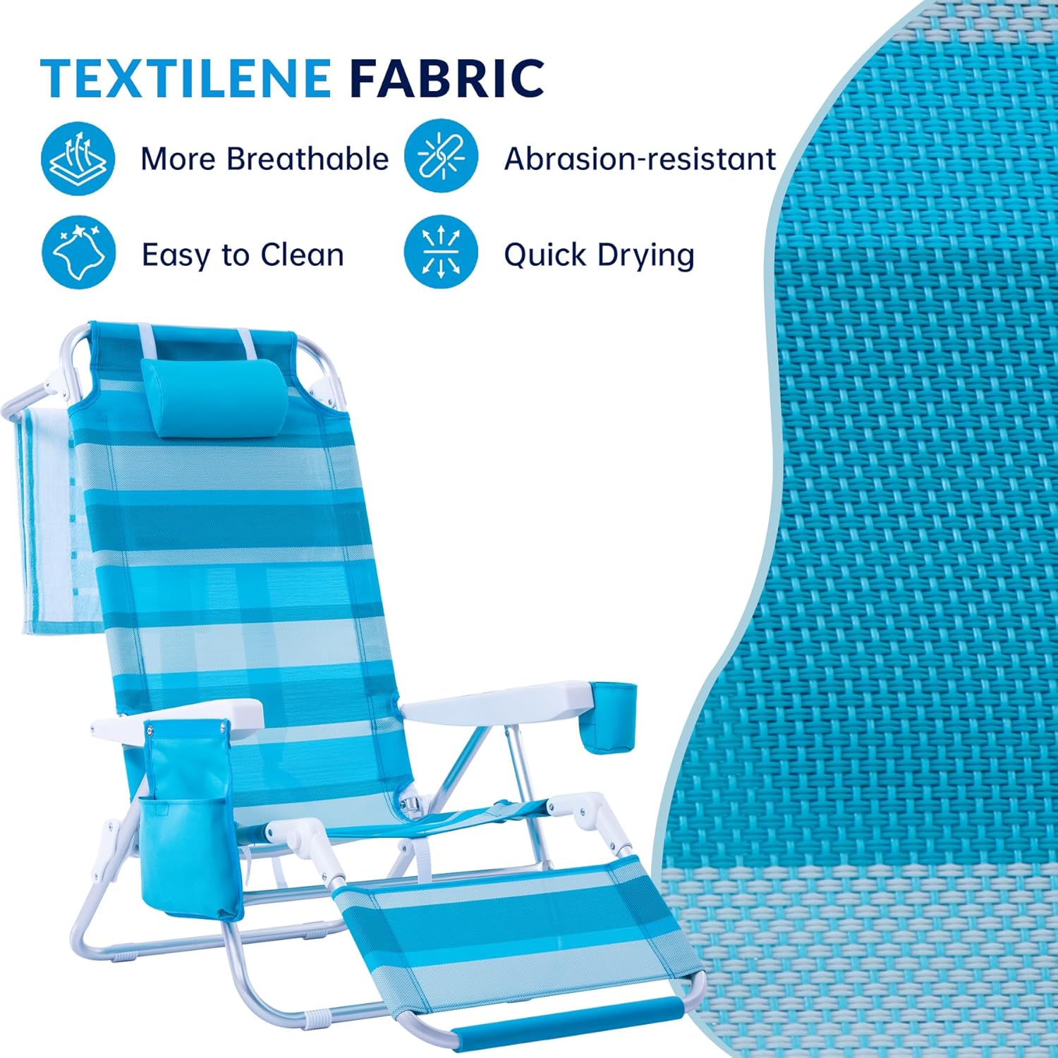 Lay Flat Beach Chair with Footrest Cup Holder Cooler Bag