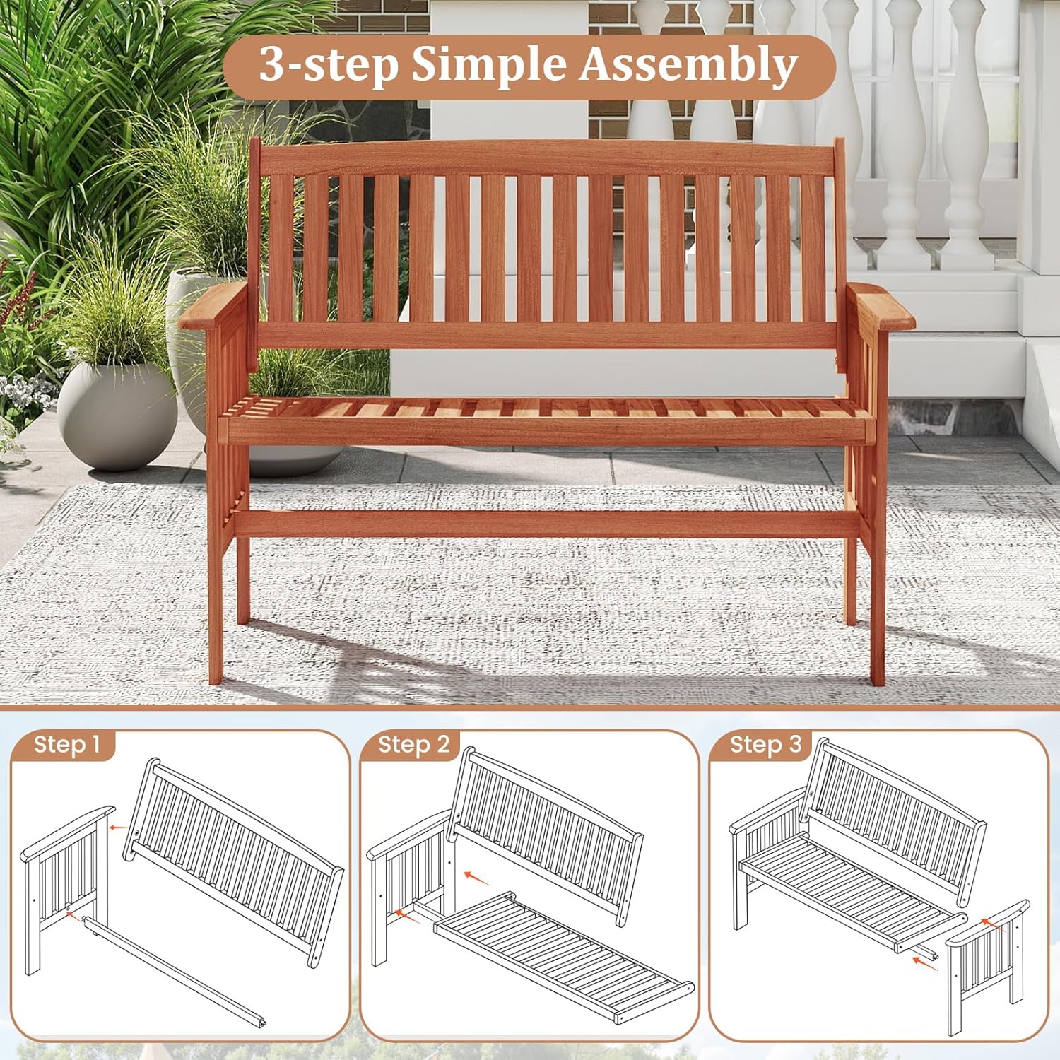 2-Person Wooden Patio Garden Bench with Backrest & Armrests
