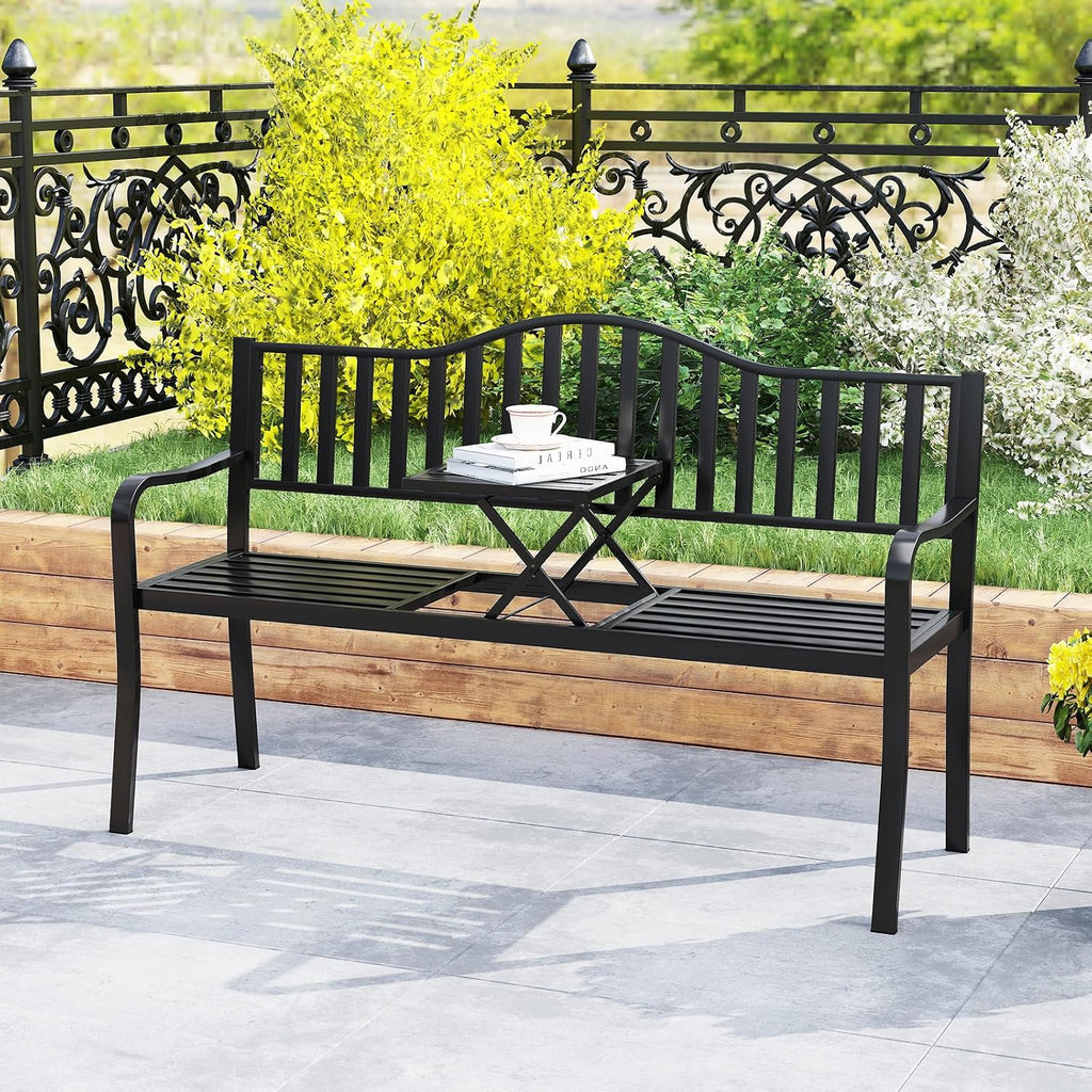 60" Metal 2-3 Person Patio Bench with Pull-Out Table, 660 LBS Capacity
