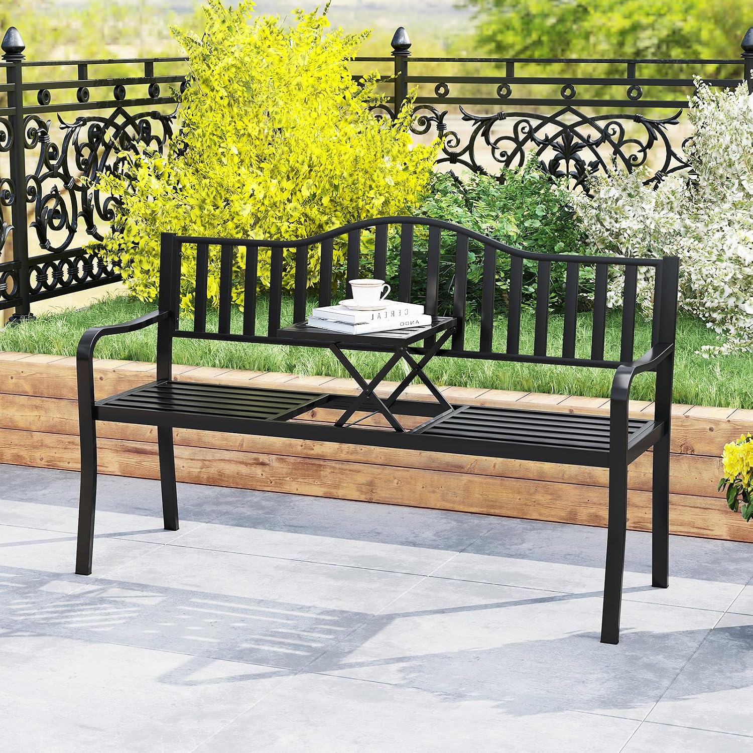 60" Metal 2-3 Person Patio Bench with Pull-Out Table, 660 LBS Capacity