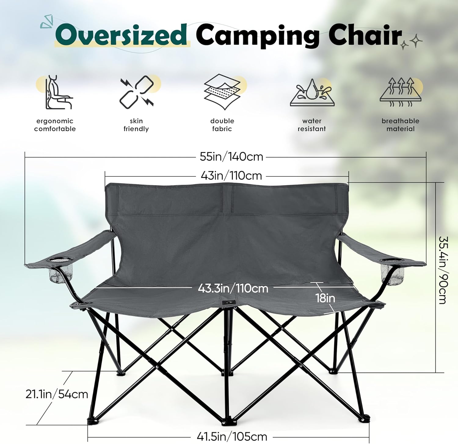 Grey Double Seat Foldable Camping Chair with Storage Bag