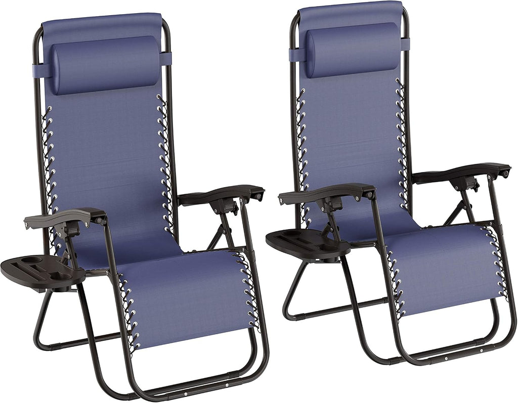 Lavish Home 2 Pack Navy Zero Gravity Patio Chairs with Side Table & Pillow