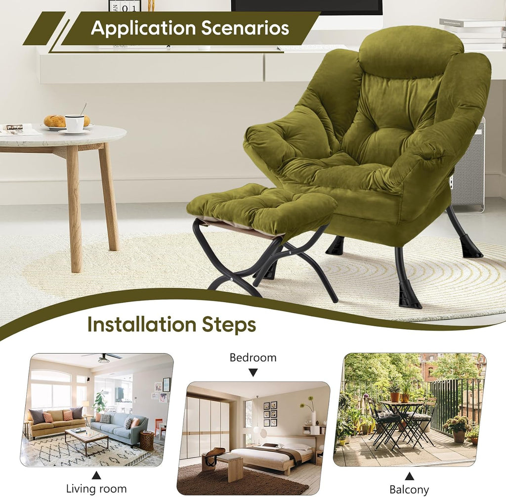 Green Folding Ottoman Accent Lounge Lazy Chair with Armrests