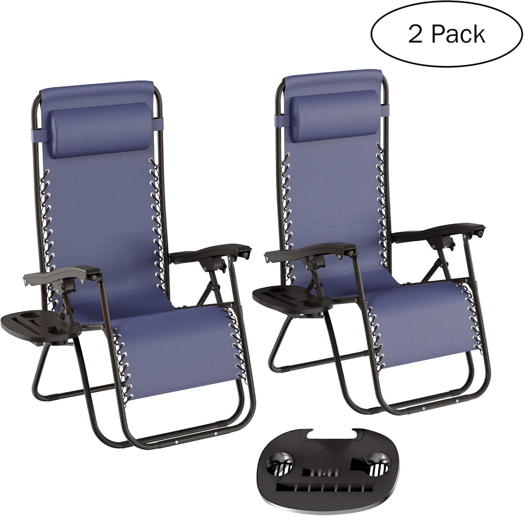 Lavish Home 2 Pack Navy Zero Gravity Patio Chairs with Side Table & Pillow