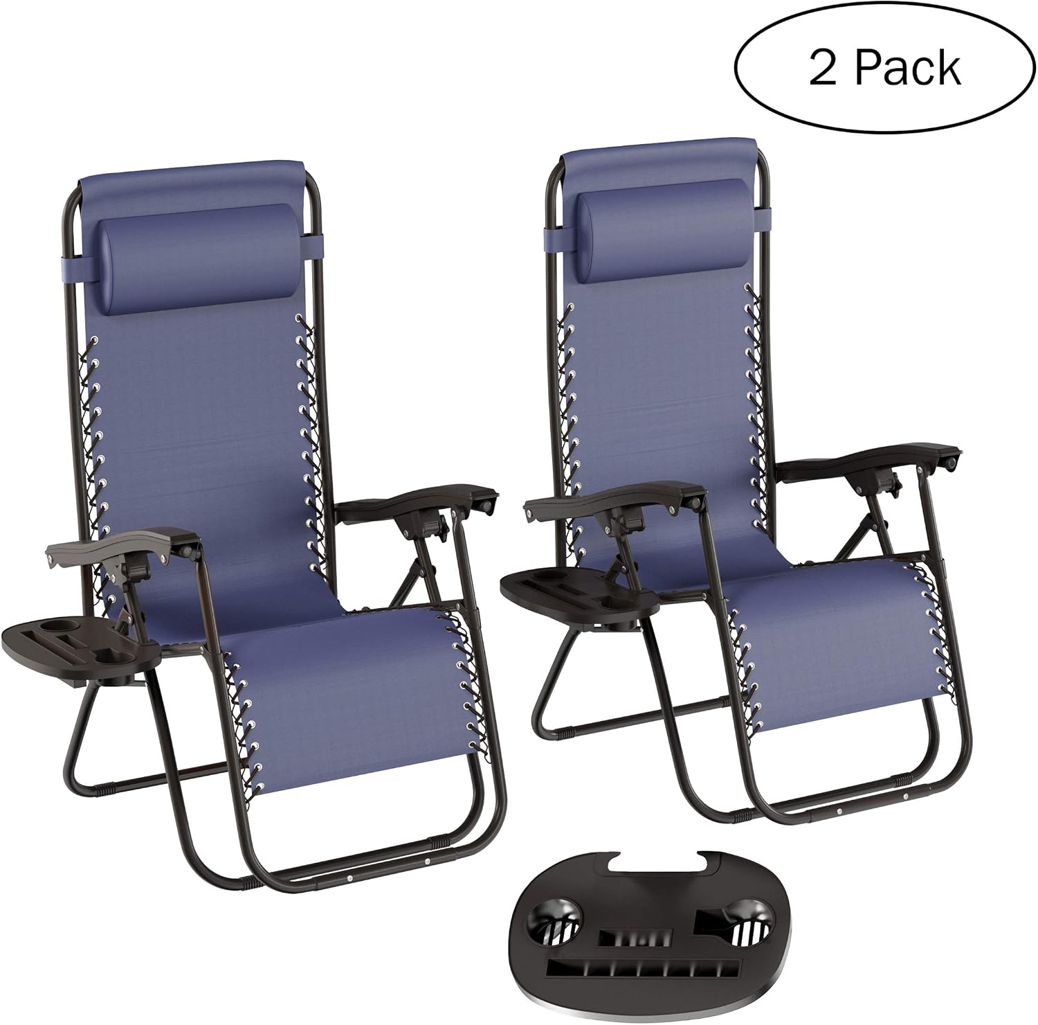 Lavish Home 2 Pack Navy Zero Gravity Patio Chairs with Side Table & Pillow