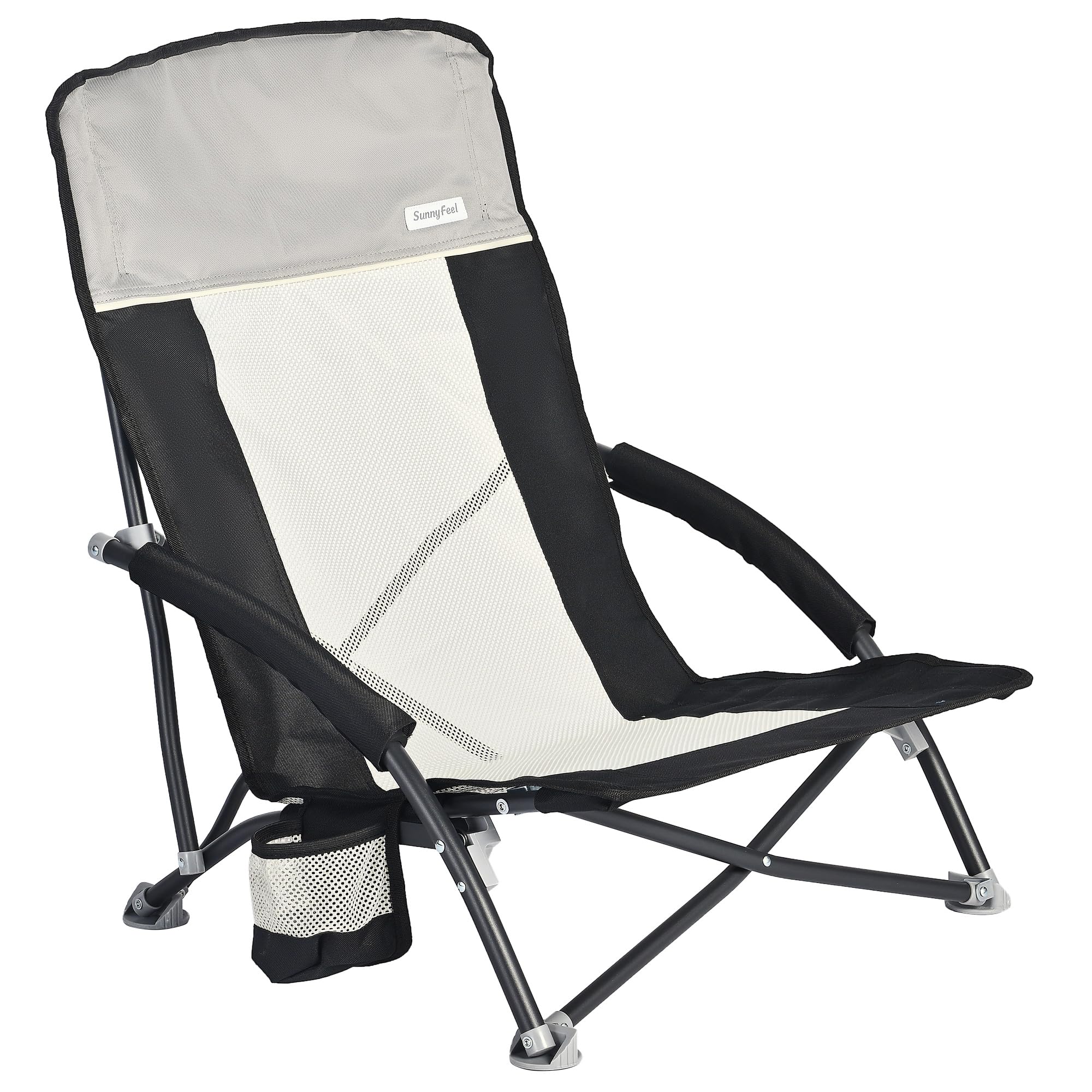 2 Pack High Back Low Folding Beach Chairs with Cup Holder & Pocket