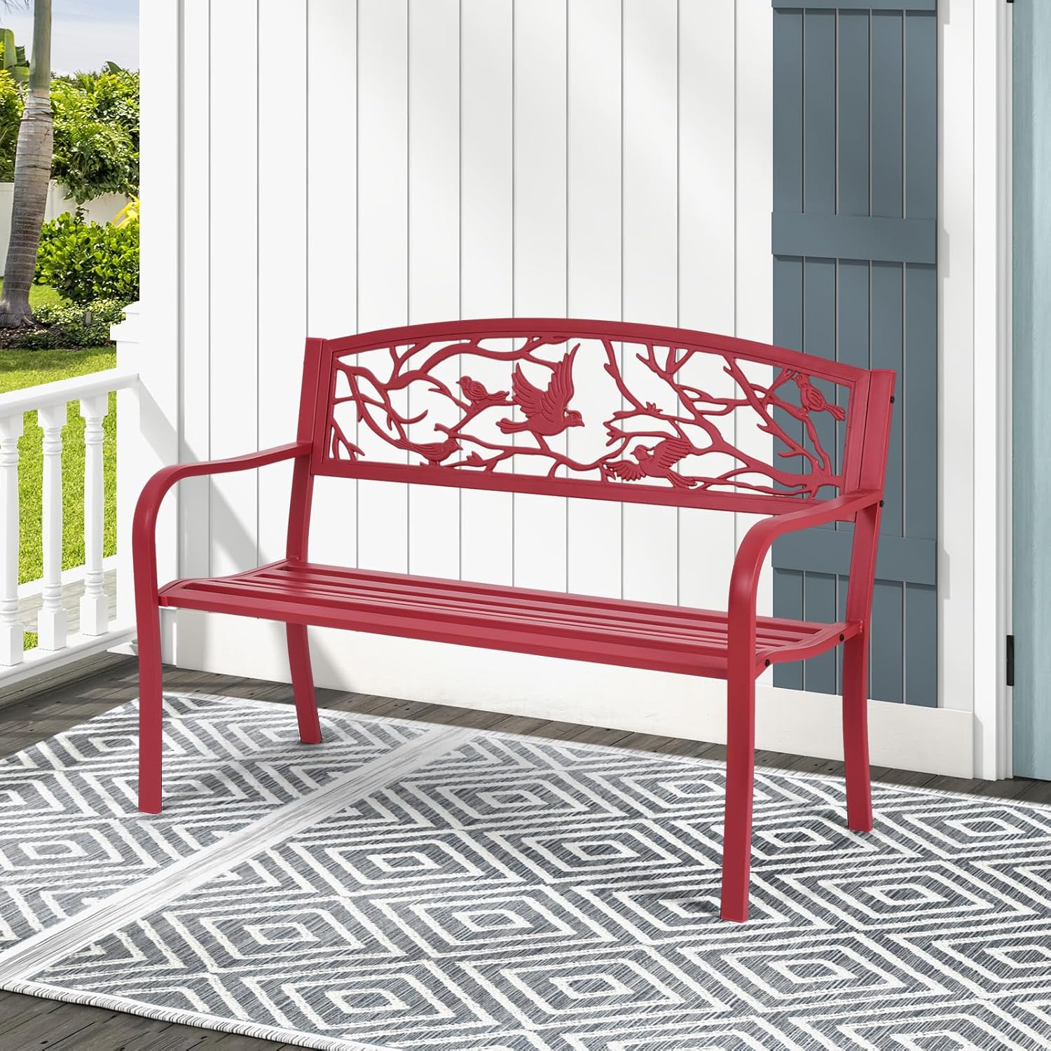 2-3 Seater Metal Patio Bench with Cast Iron Bird Twig Backrest