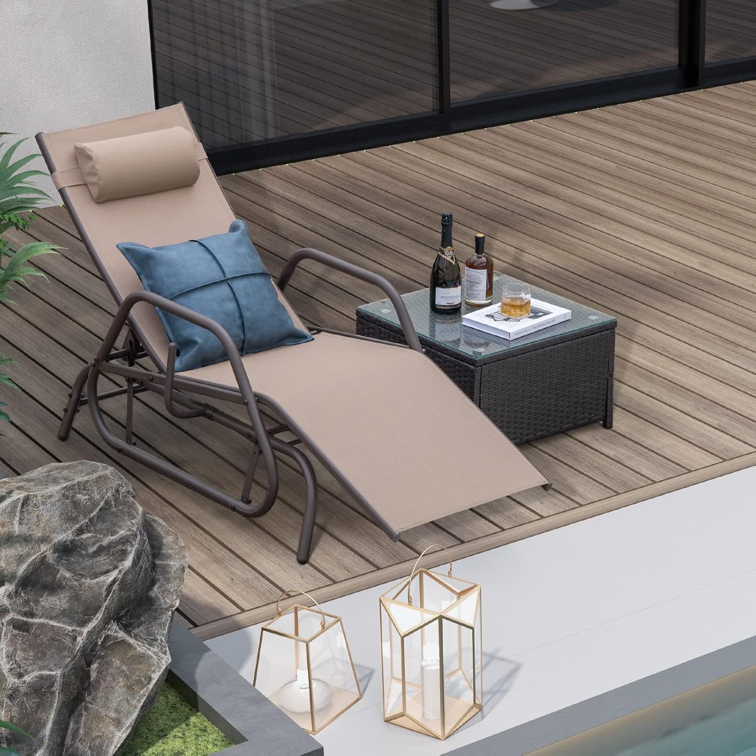 Brown Adjustable Outdoor Glider Recliner with Pillow & Armrests