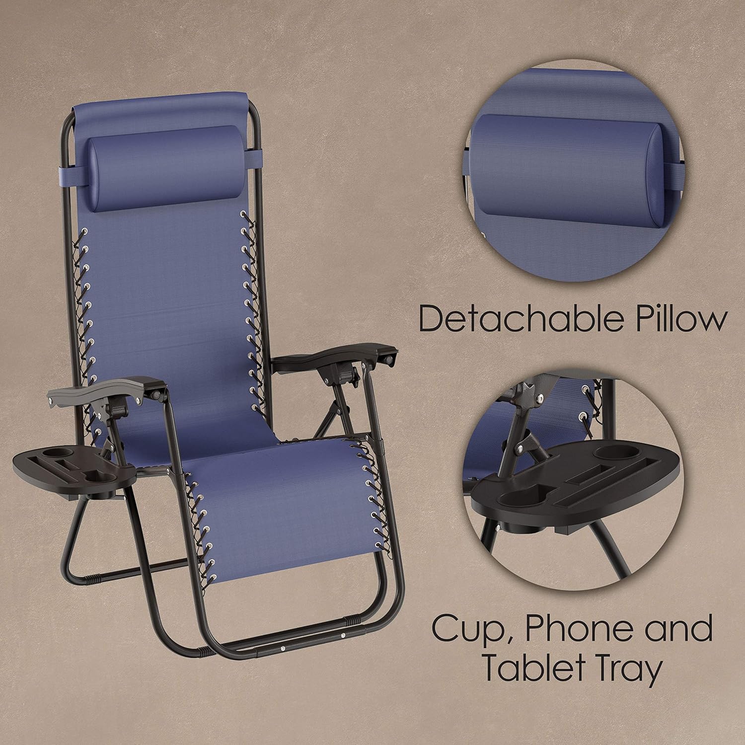 Lavish Home 2 Pack Navy Zero Gravity Patio Chairs with Side Table & Pillow