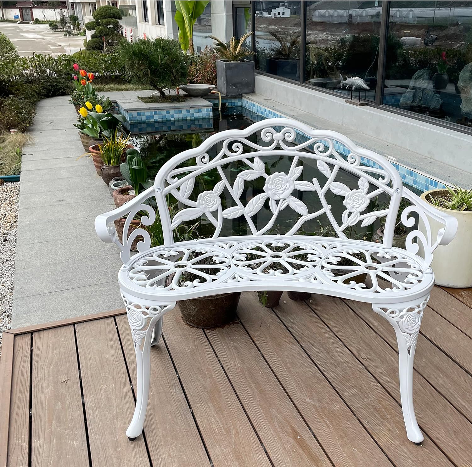 Anti-Rust Cast Aluminum Carved Patio Loveseat Bench