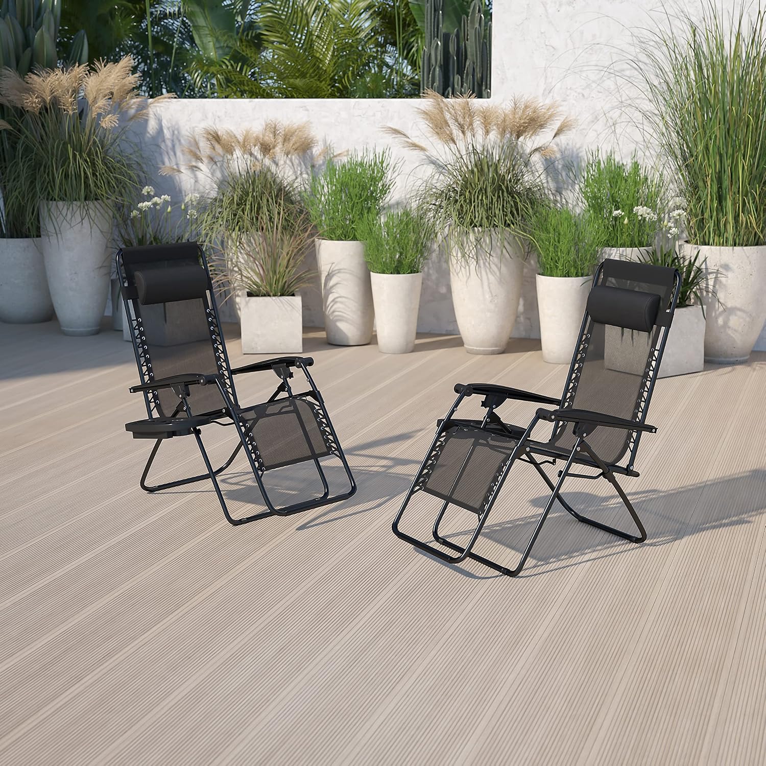 Flash Furniture Set of 2 Black Zero Gravity Lounge Chairs with Pillow & Cup Holder
