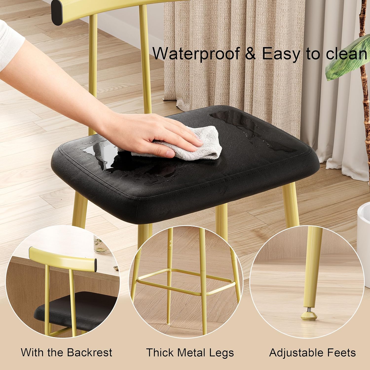 Gold Counter Height PU Leather Bar Stools Set of 2 with Backrest