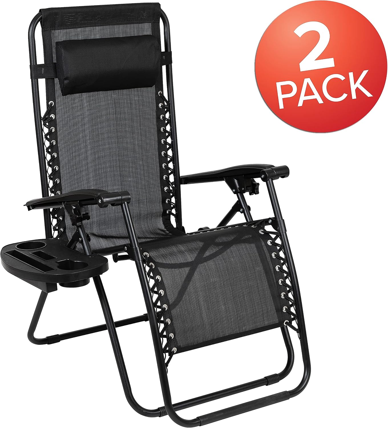 Flash Furniture Set of 2 Black Zero Gravity Lounge Chairs with Pillow & Cup Holder
