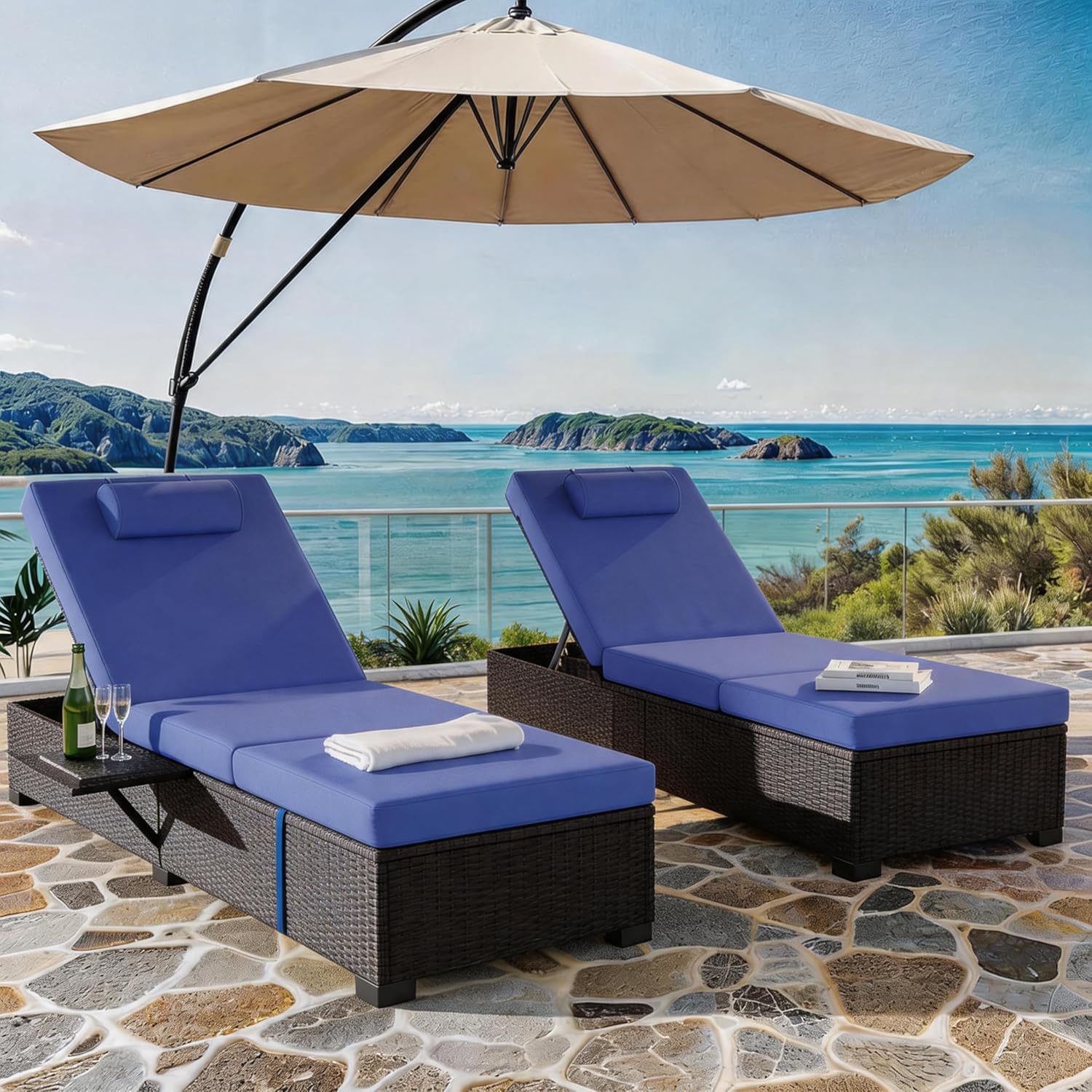 2 Pack PE Wicker Adjustable Lounge Chairs with Cushions, Blue