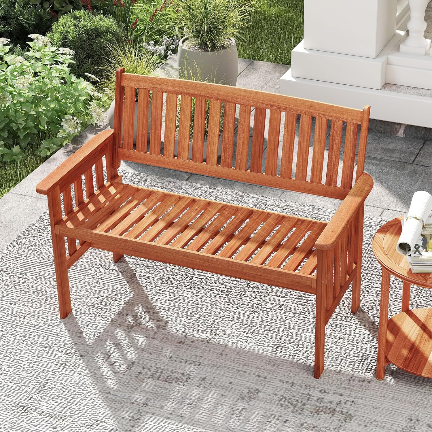 2-Person Wooden Patio Garden Bench with Backrest & Armrests