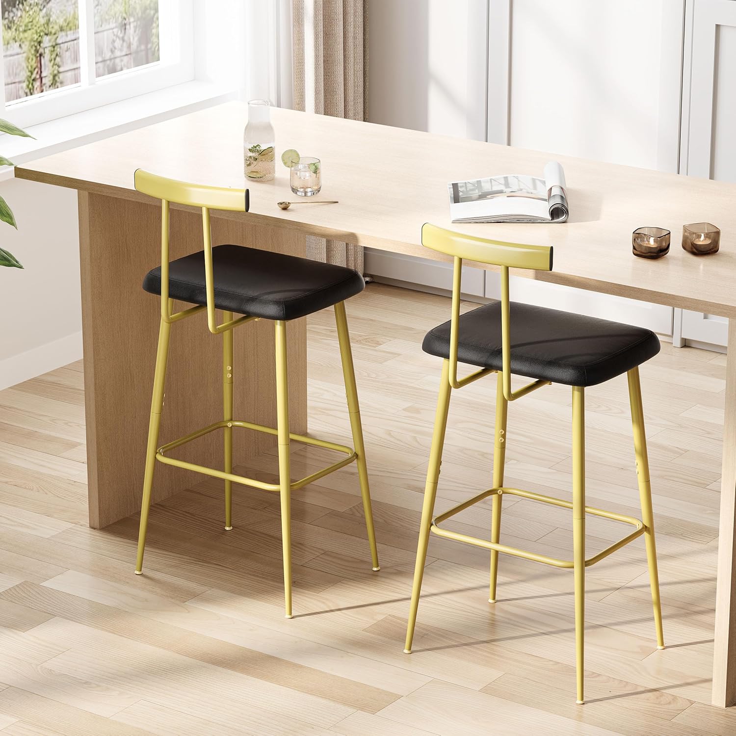 Gold Counter Height PU Leather Bar Stools Set of 2 with Backrest