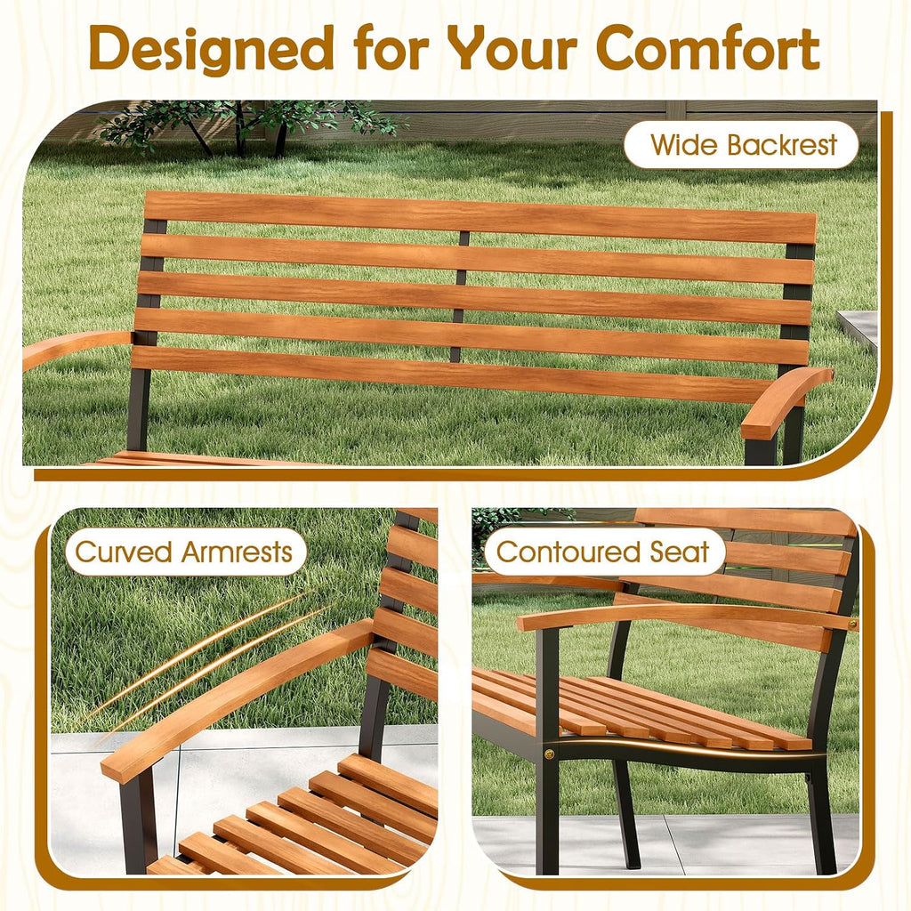 2-Person Acacia Wood Patio Bench with Metal Frame, 800 LBS Capacity