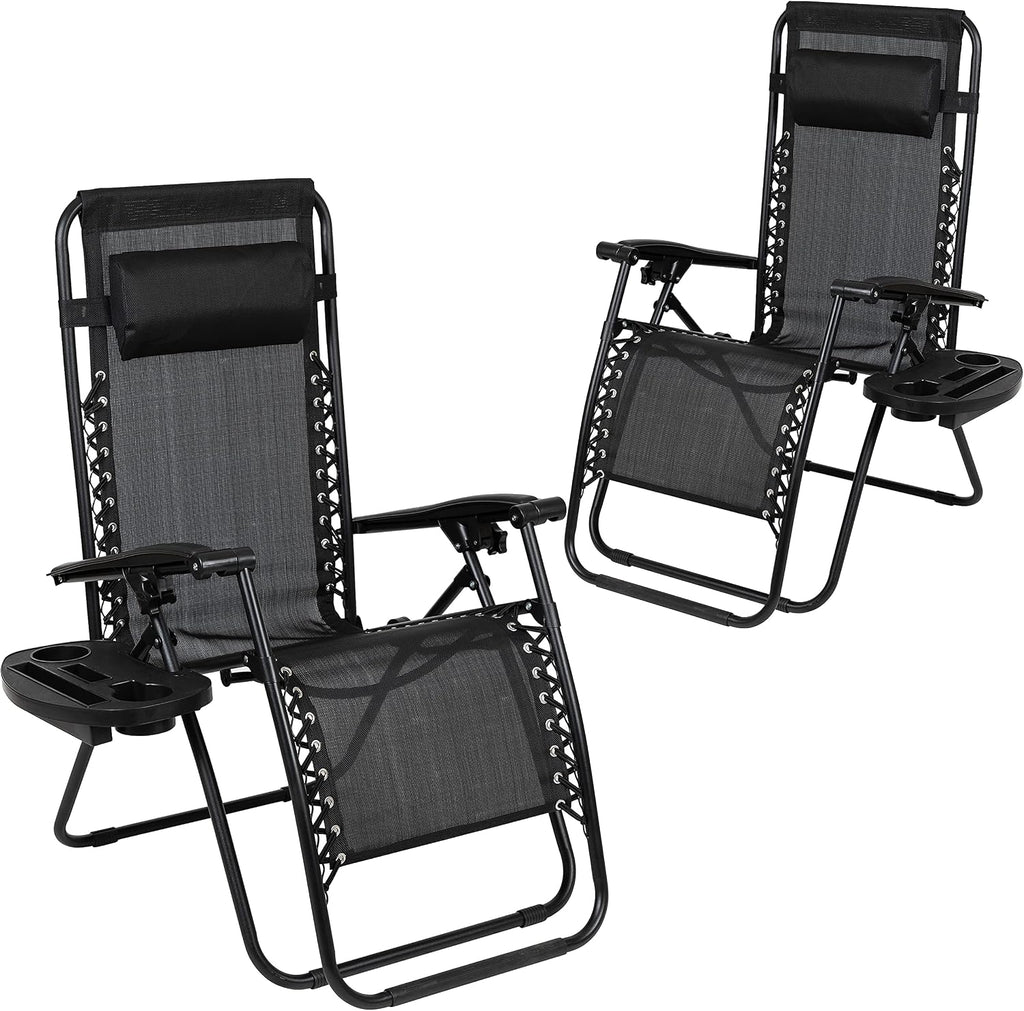 Flash Furniture Set of 2 Black Zero Gravity Lounge Chairs with Pillow & Cup Holder