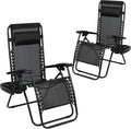 Flash Furniture Set of 2 Black Zero Gravity Lounge Chairs with Pillow & Cup Holder