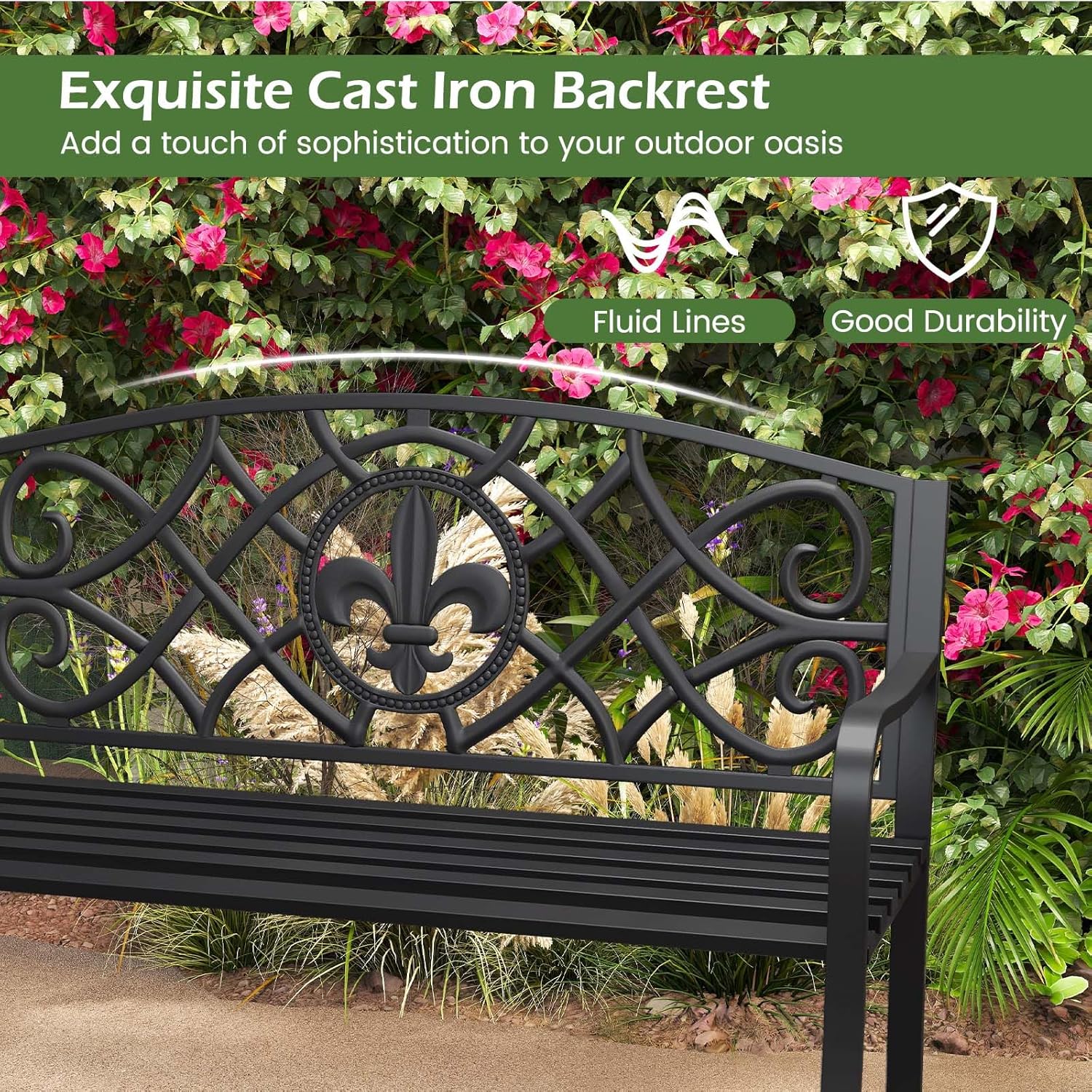 50.5" Black Floral Cast Iron Back Metal Outdoor Bench 660 LBS