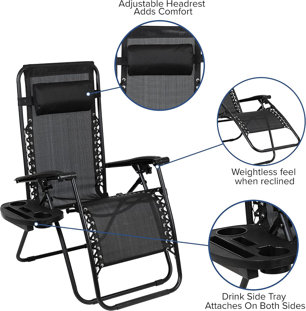 Flash Furniture Set of 2 Black Zero Gravity Lounge Chairs with Pillow & Cup Holder