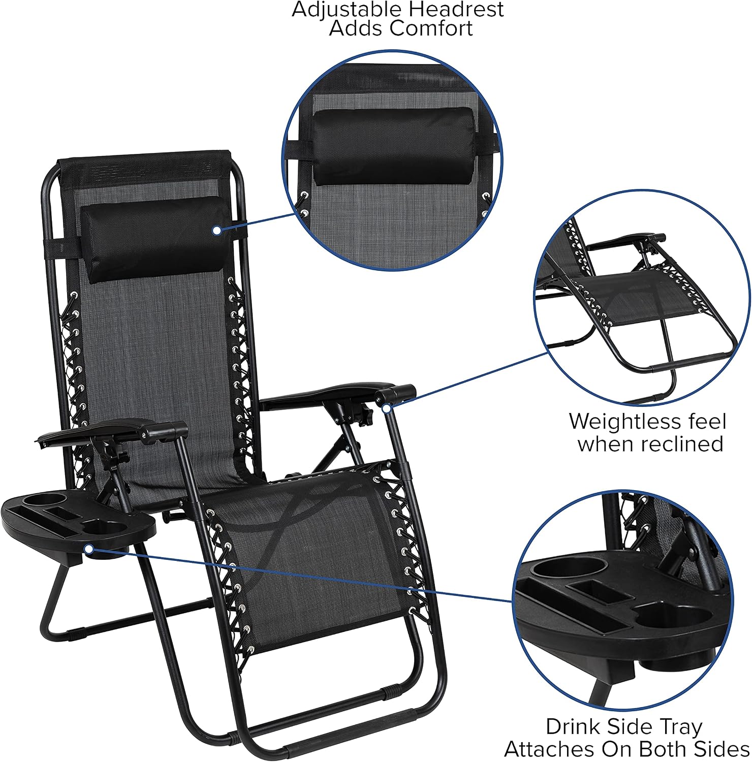 Flash Furniture Set of 2 Black Zero Gravity Lounge Chairs with Pillow & Cup Holder