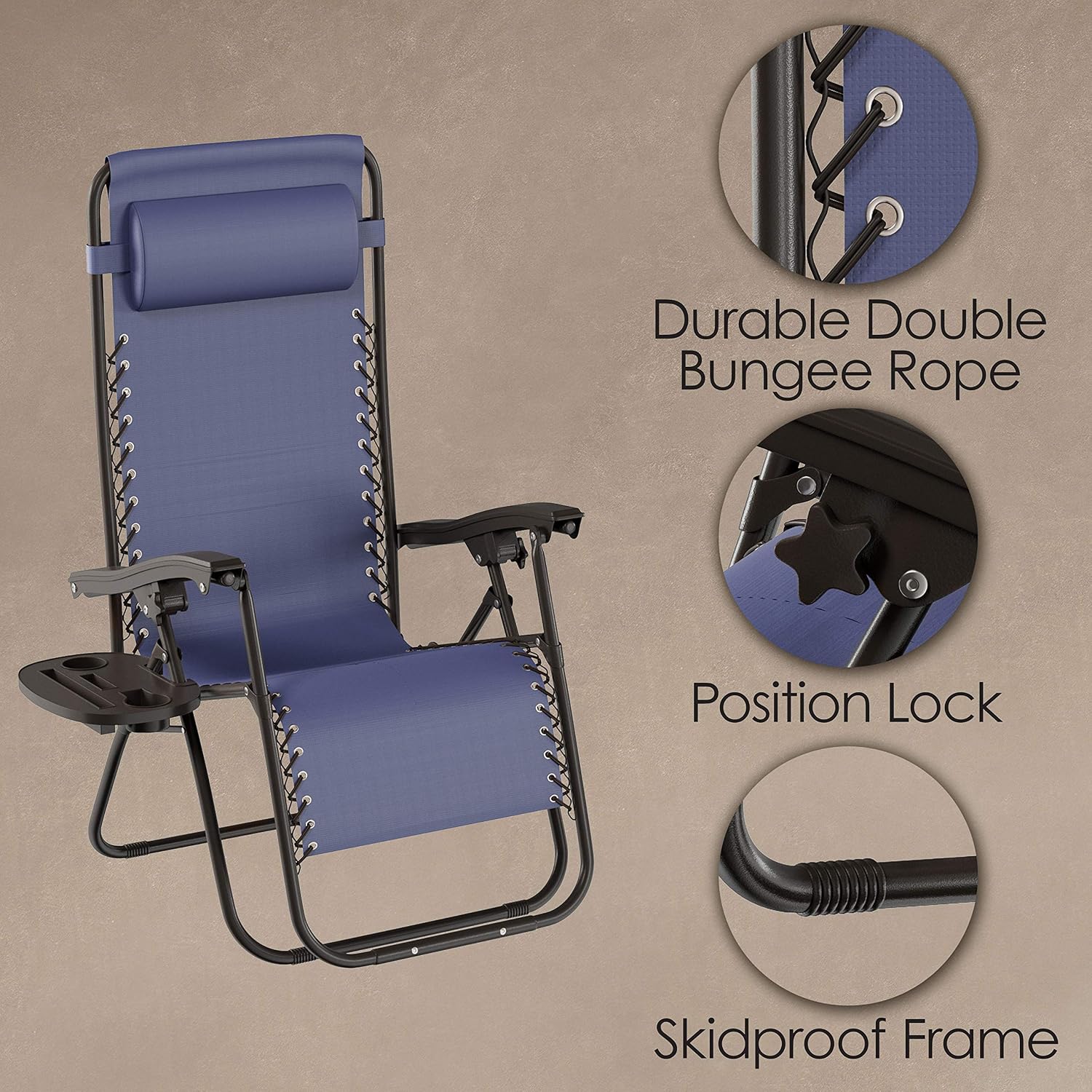 Lavish Home 2 Pack Navy Zero Gravity Patio Chairs with Side Table & Pillow