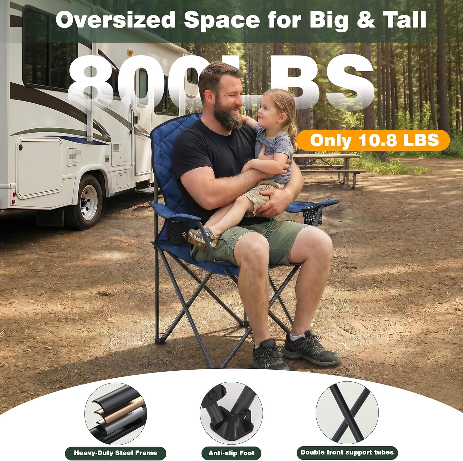 Padded Folding Camping Chair 800LBS with Cup Holder & Side Pocket
