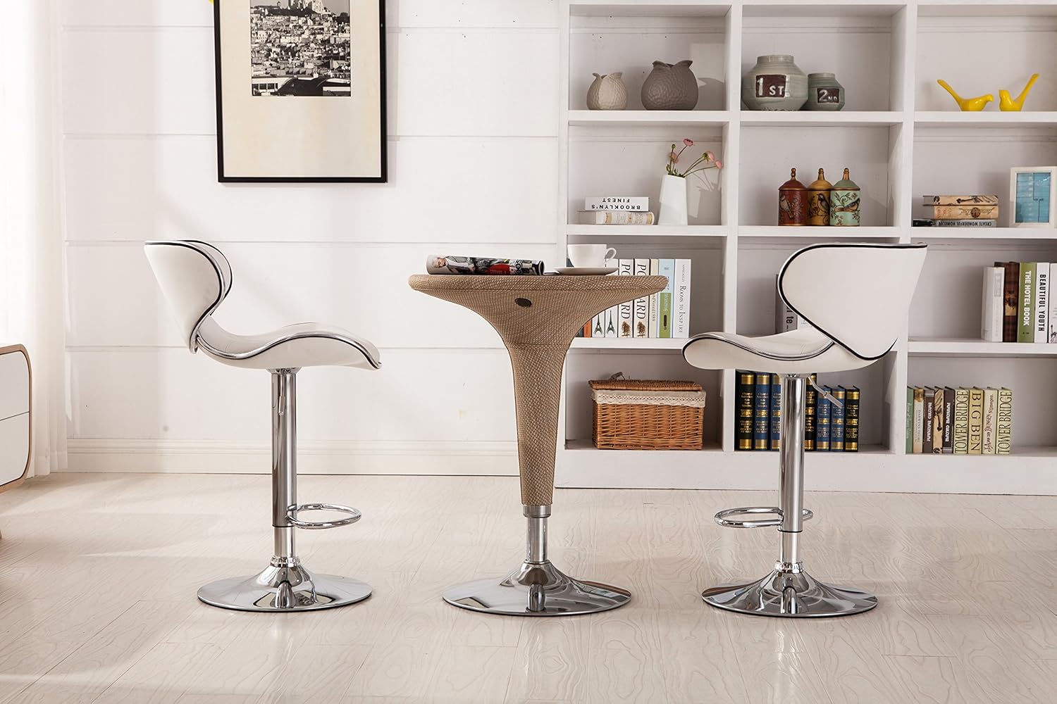 White Leatherette Airlift Swivel Bar Stools Set of 2 with Chrome Base
