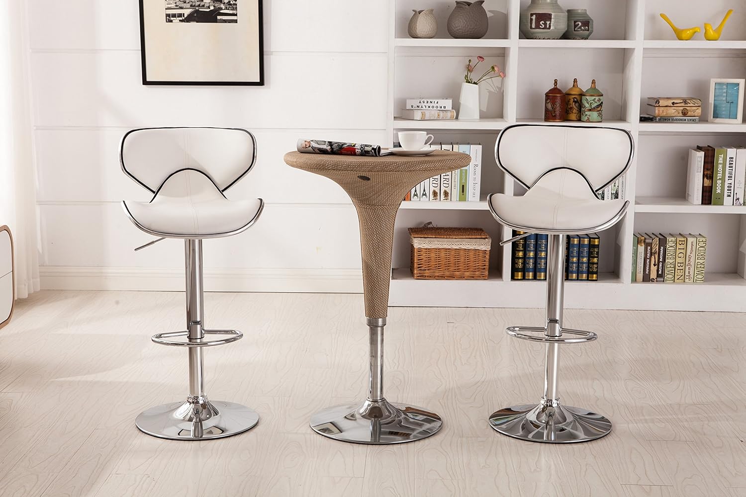 White Leatherette Airlift Swivel Bar Stools Set of 2 with Chrome Base