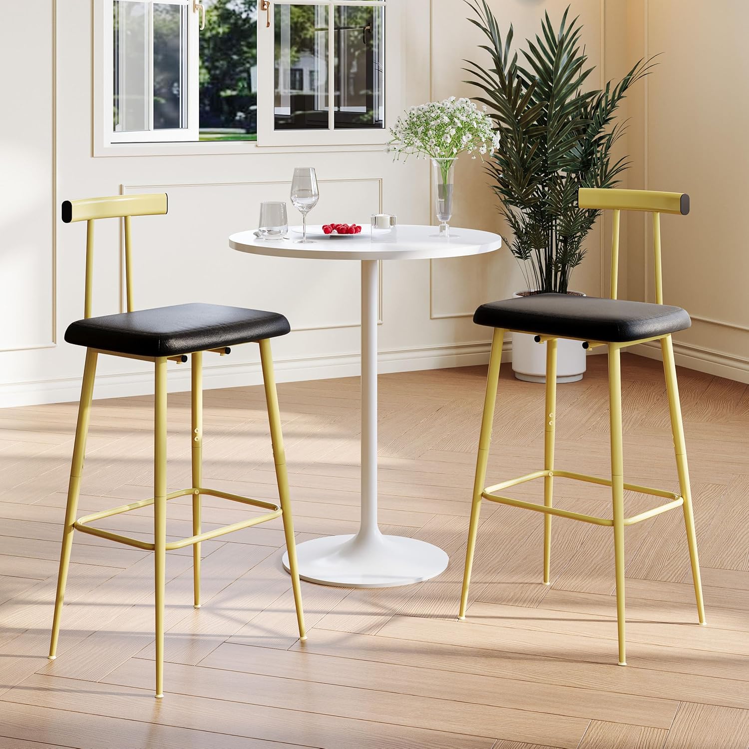 Gold Counter Height PU Leather Bar Stools Set of 2 with Backrest
