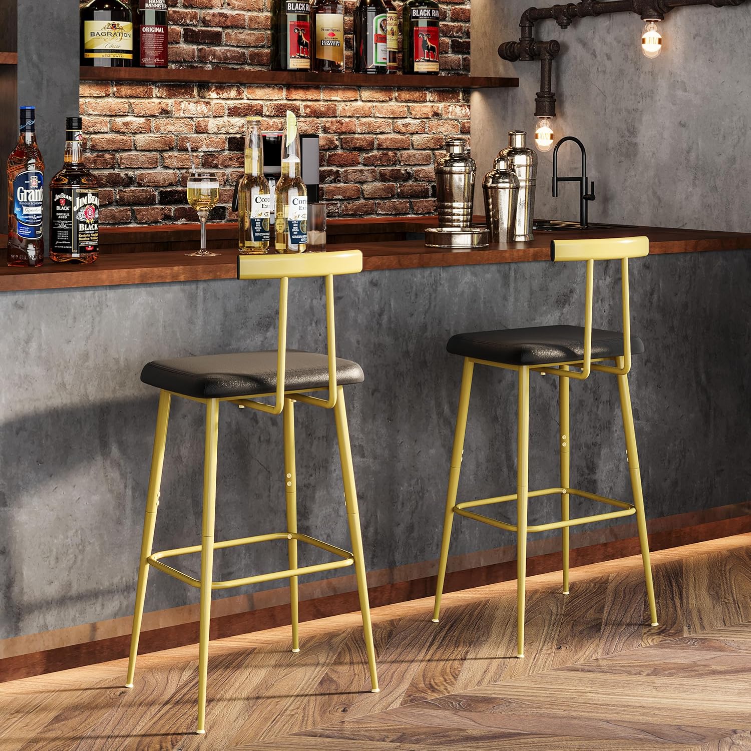 Gold Counter Height PU Leather Bar Stools Set of 2 with Backrest